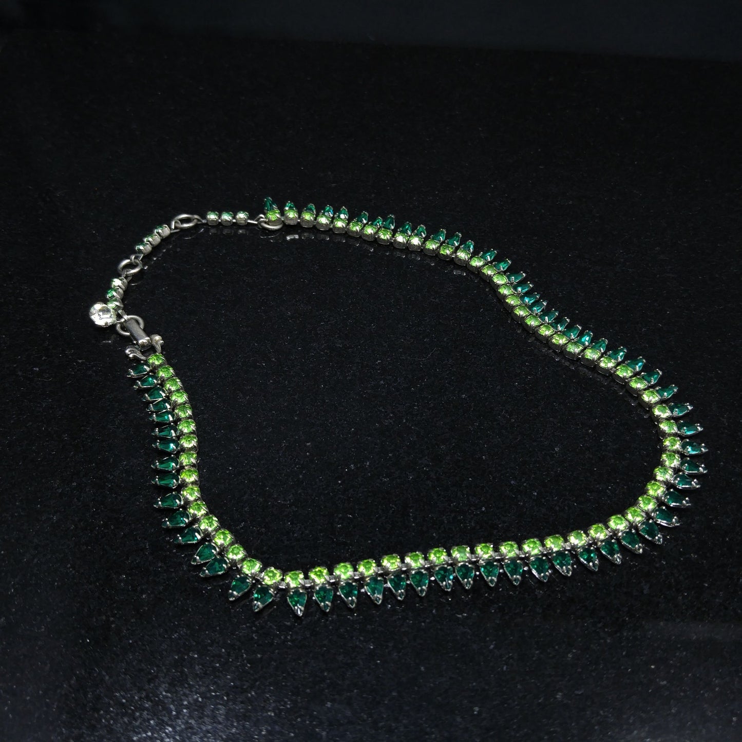 Vintage Sherman Green Rhinestone Necklace, Vaseline or Uranium Glass, 1950s