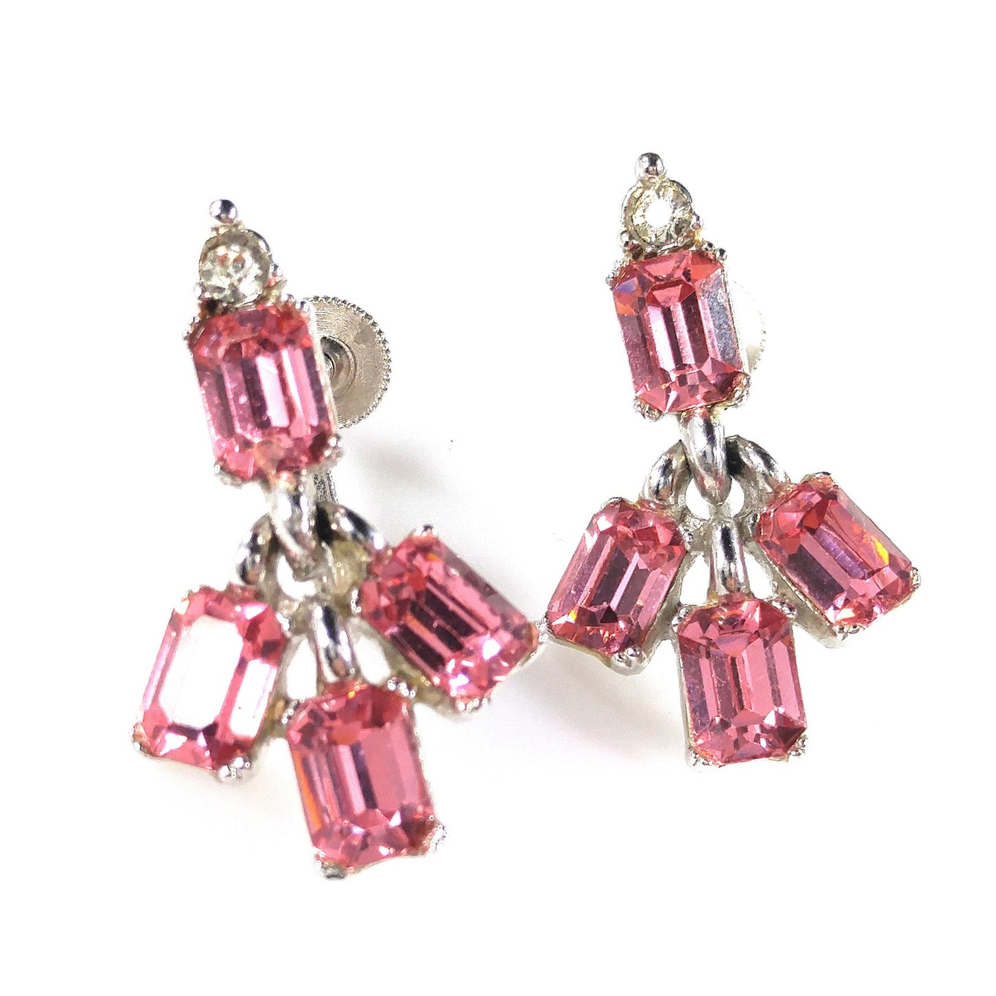 Bogoff Pink Rhinestone Screw Back Earrings, Rhodium Plated, 1950s Vintage Jewelry