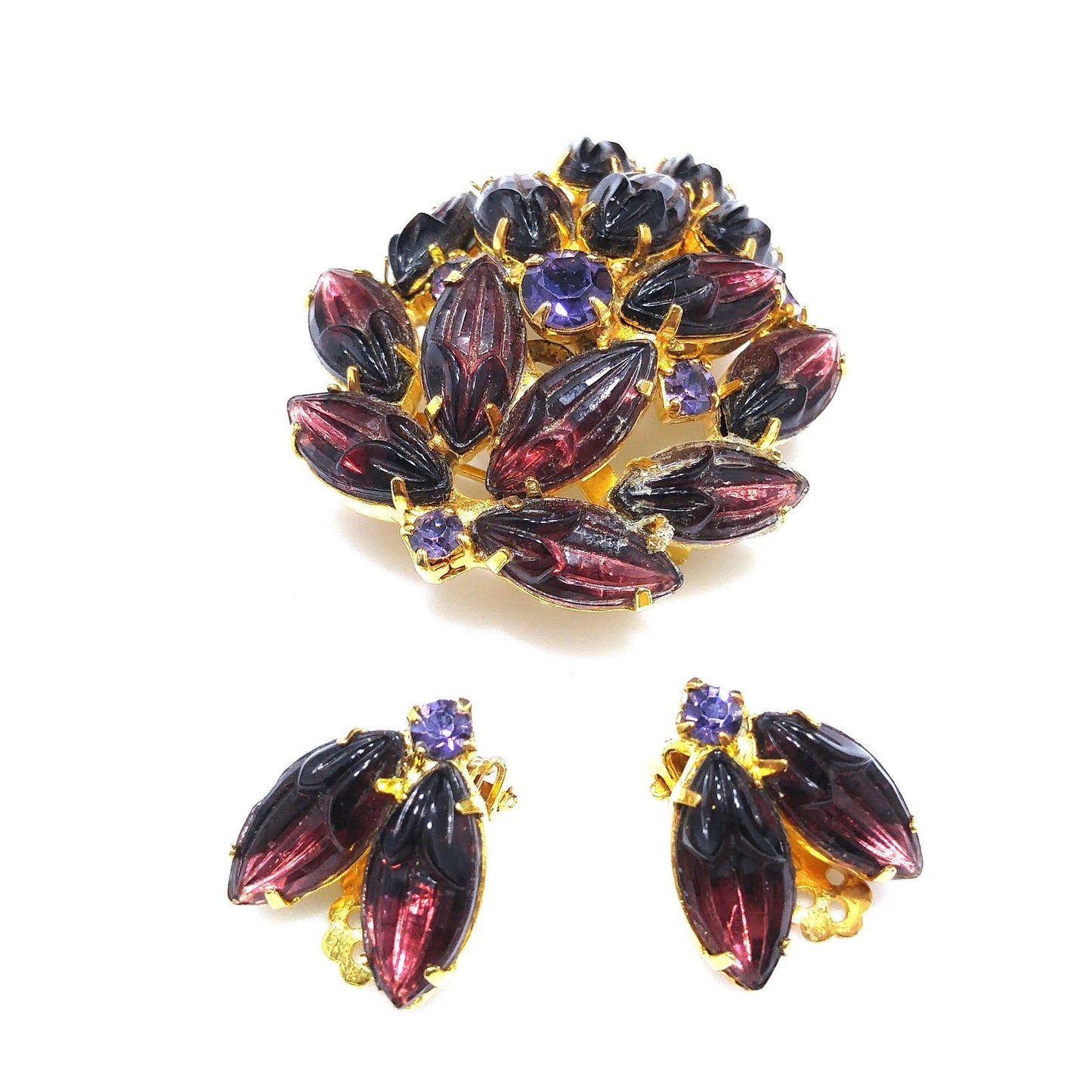Purple Rhinestone Molded Art Glass Brooch & Earrings, Purple Rhinestones, Gold Plated, 1960s Vintage Jewelry