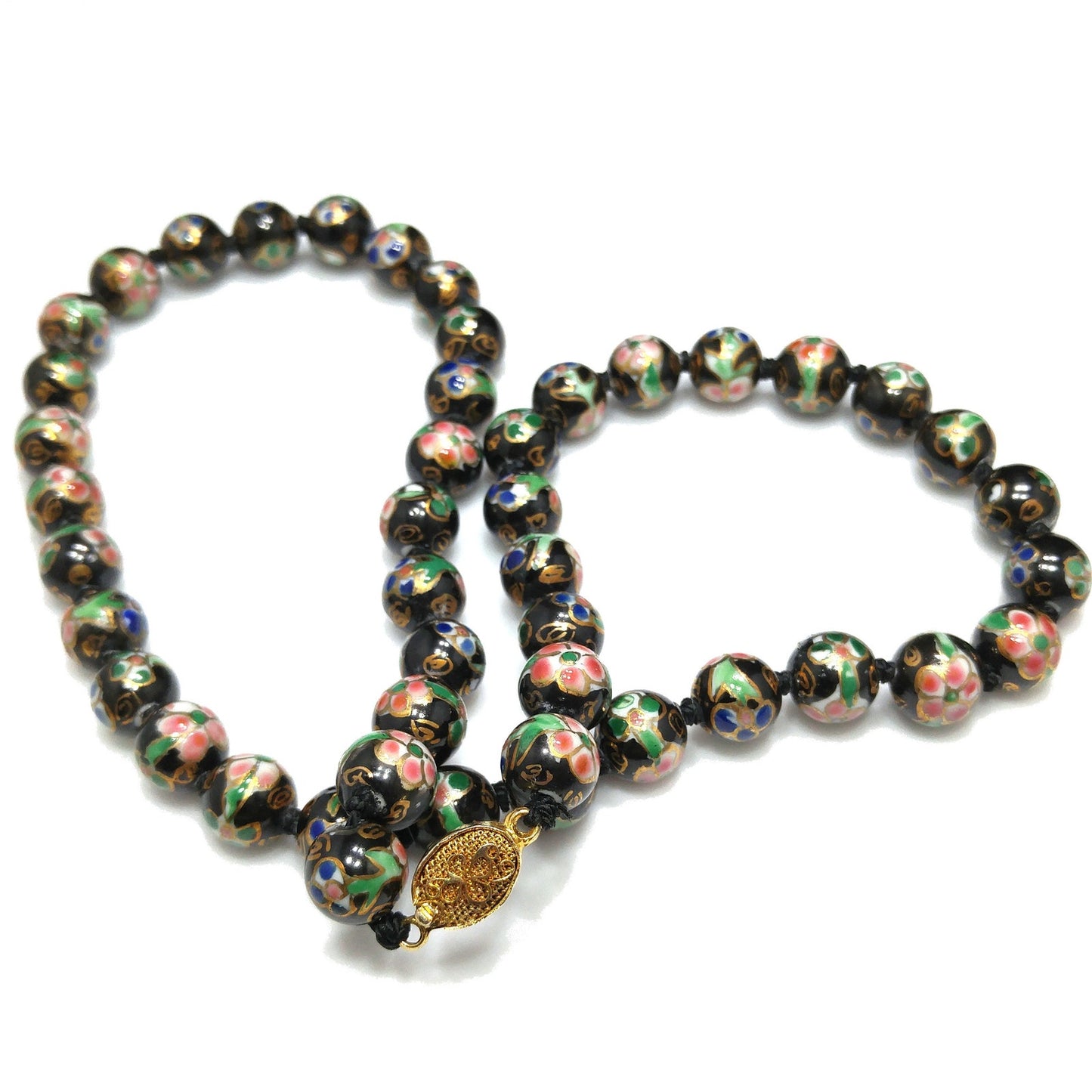 Vintage Black Cloisonné Floral Beaded Necklace, Pink Green Flowers, 1960s Vintage Jewelry