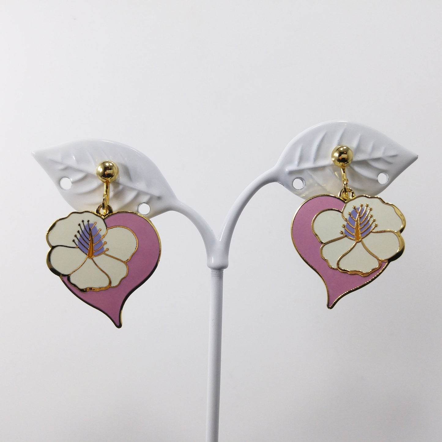 Vintage Laurel Burch "Hibiscus Heart" Clip Earrings, Cloisonne Gold Plated, 1980