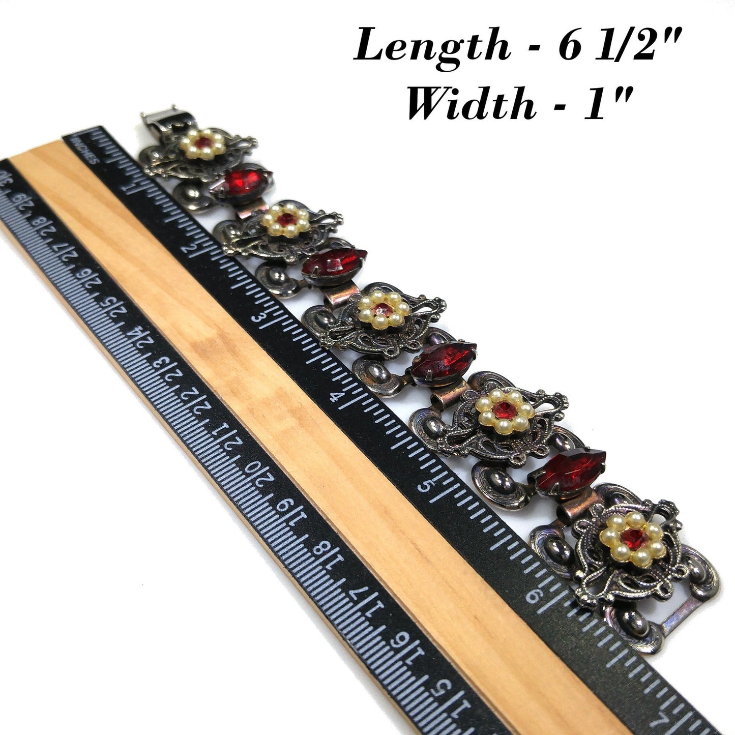 Victorian Red Rhinestone Book Chain Bracelet, Faux Pearl Flowers, 1940s Vintage Jewelry