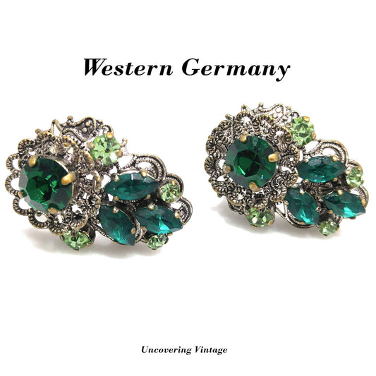 Western Germany Green Filigree Clip Earrings, Light Dark Green Rhinestones, 1950s Vintage Jewelry