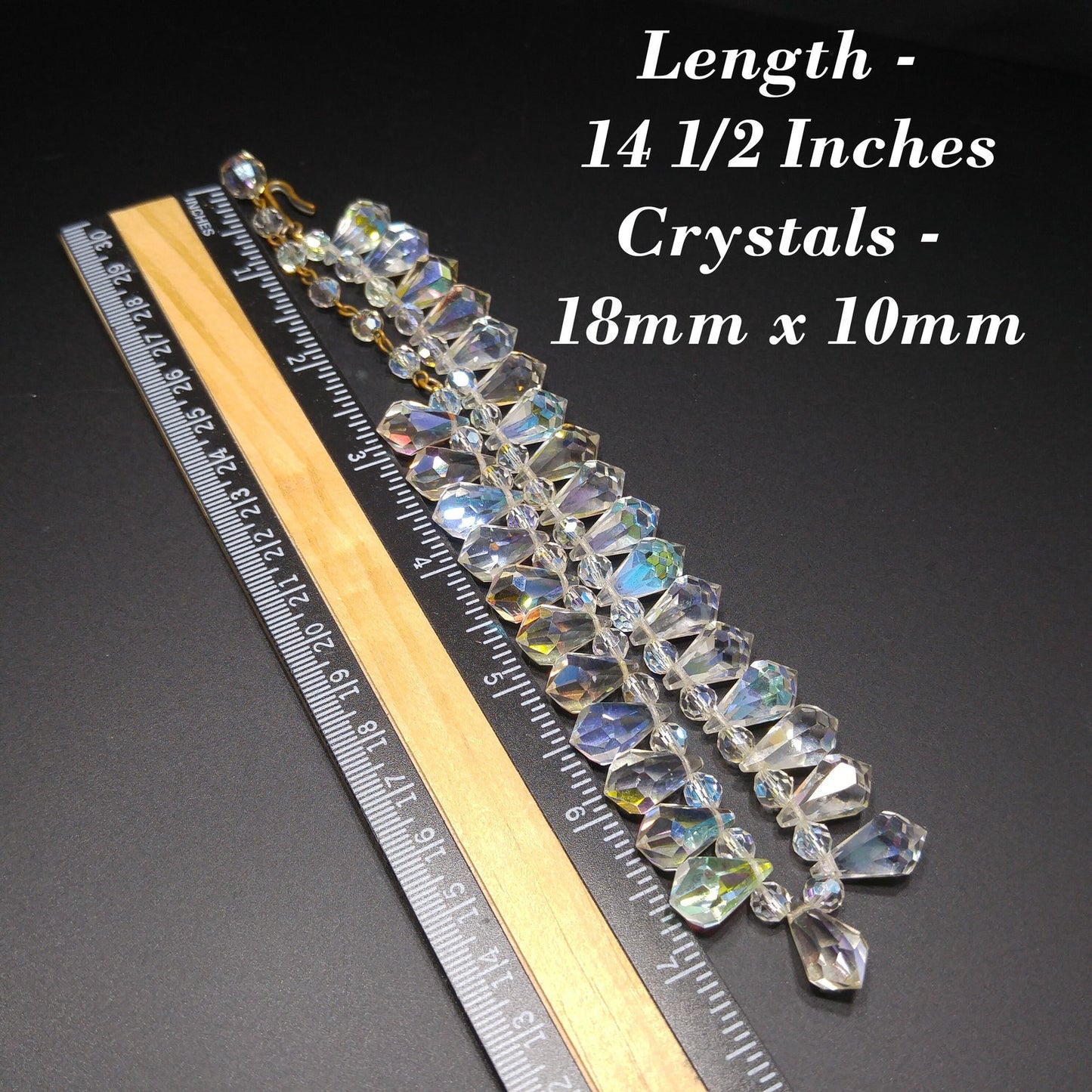 Mid-Century Crystal Teardrop Dangling Necklace, 18mm AB Crystals, 1950s Vintage Jewelry