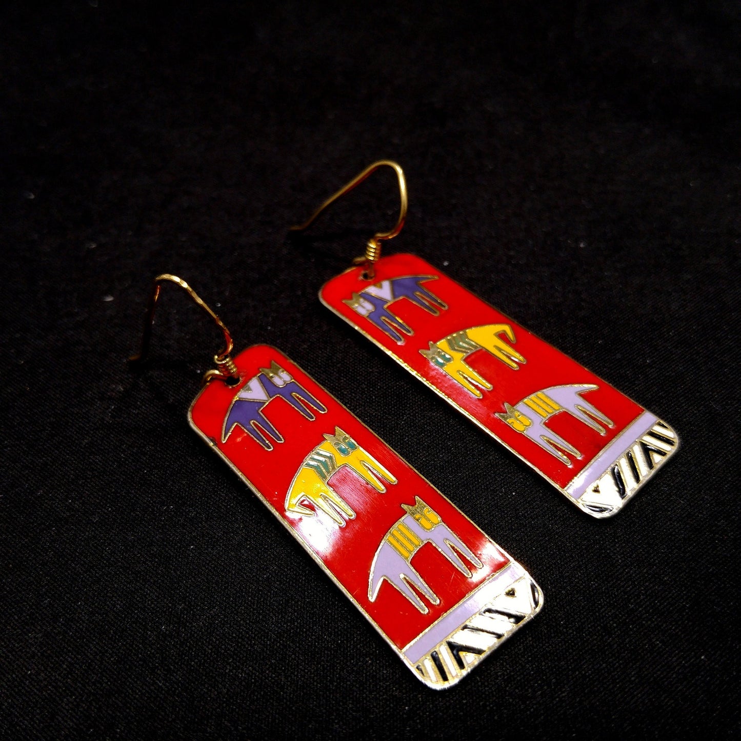Laurel Burch "Hieroglyphic" Cats, Cloisonne Red Enamel, Gold Plated, 1980s Vintage Jewelry