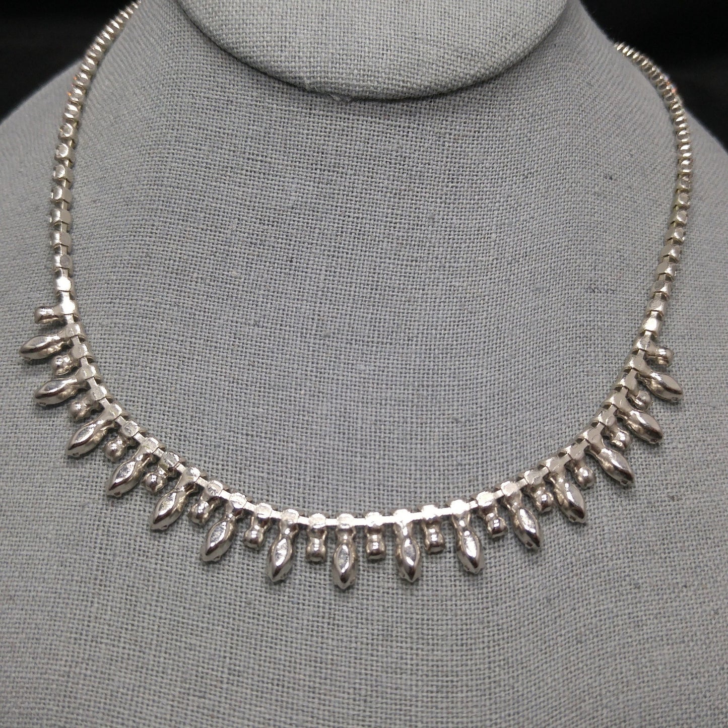B. David Aurora Borealis Rhinestone Necklace, Rhodium Plated, 1960s Vintage