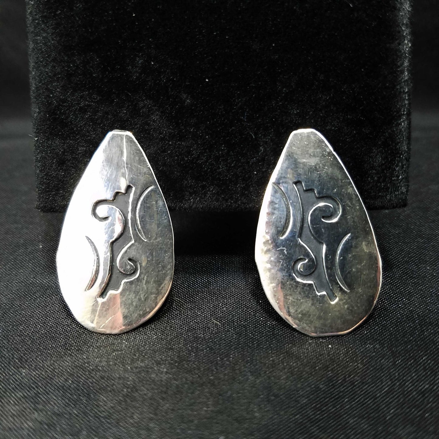 Vintage Navajo T. Billy Sterling Silver Clip Earrings, Black Enamel