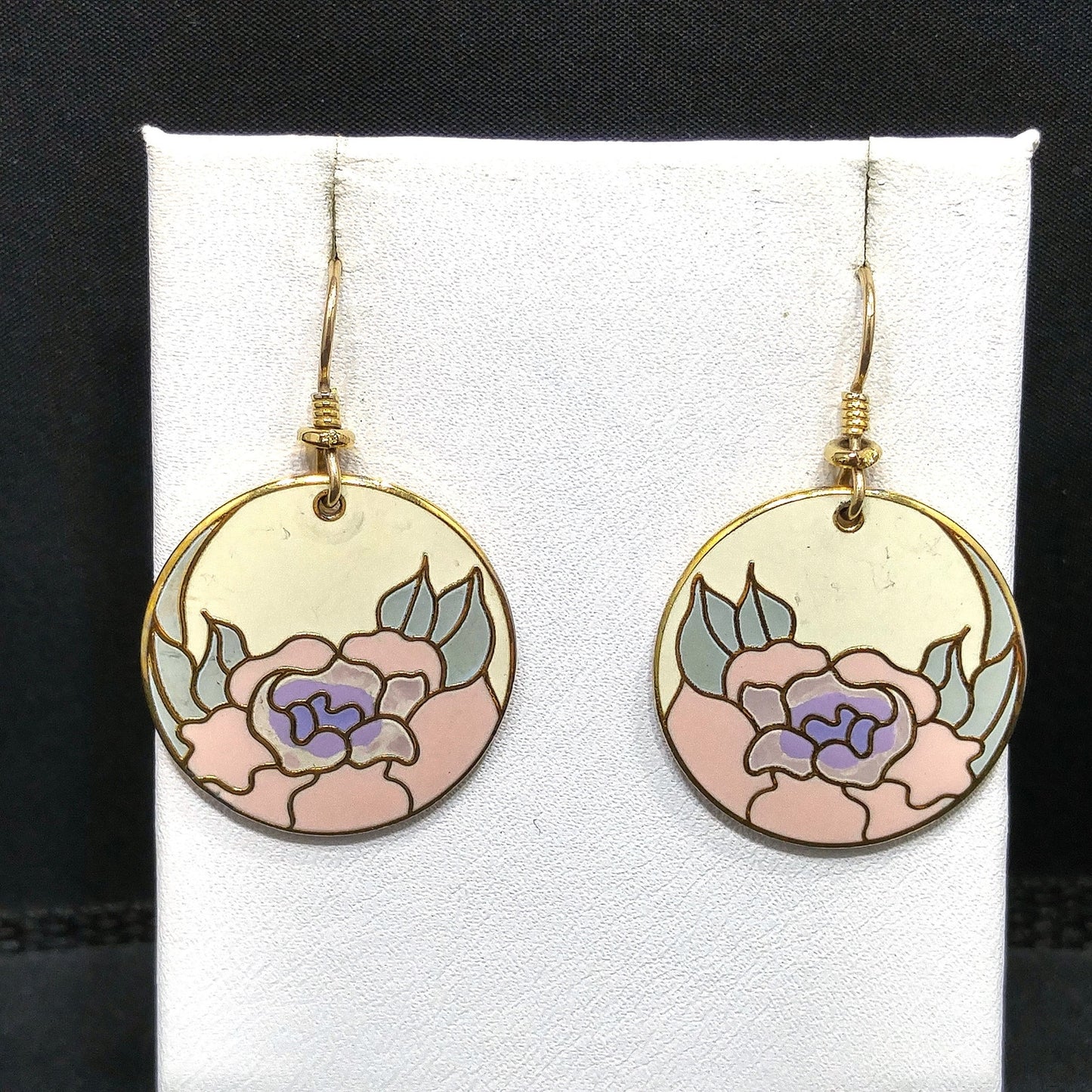 Vintage Laurel Burch "Garden Rose" Earrings, Cloisonné Gold Plated