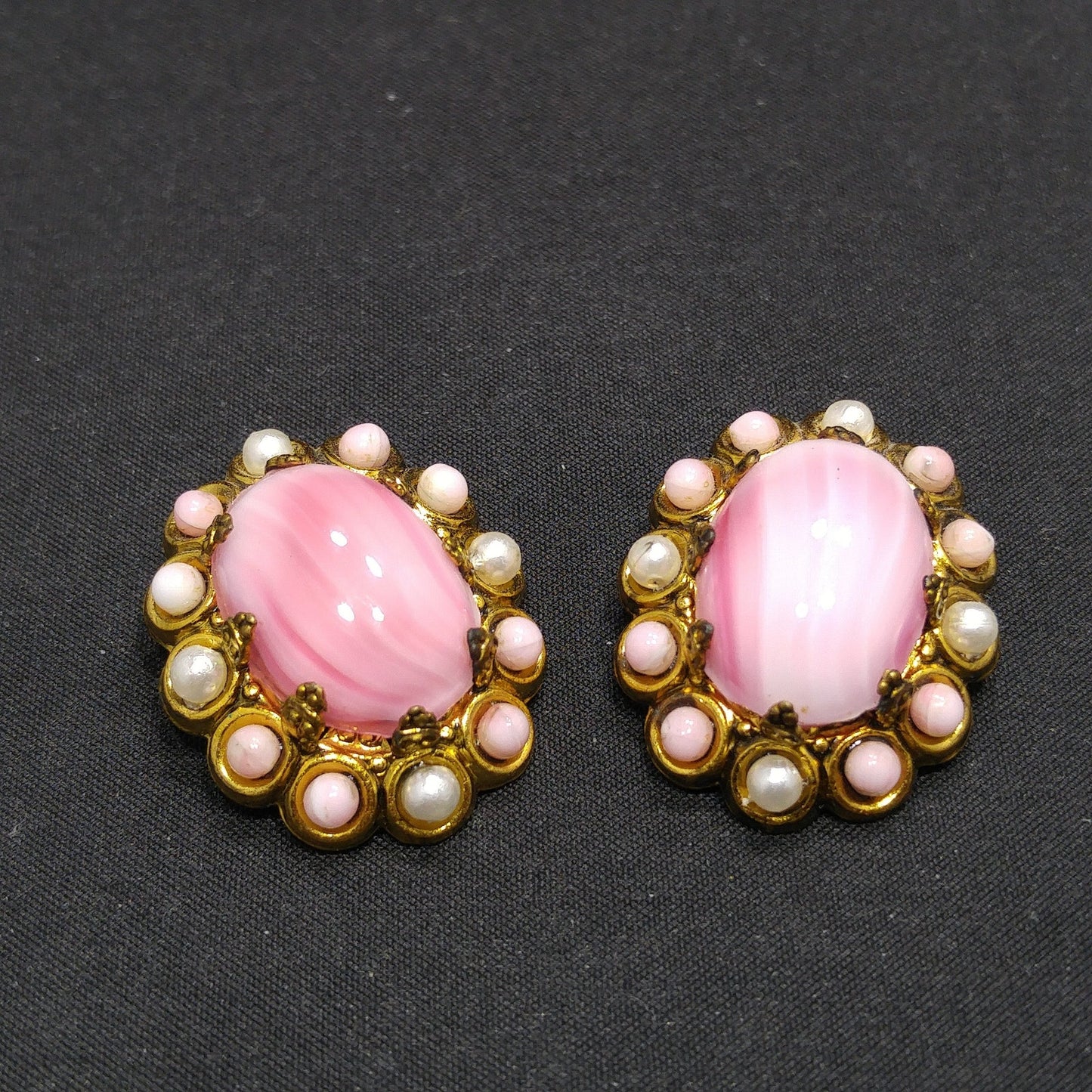 West Germany Pink Clip Earrings, Pink Glass, Faux Pearls, 1950s Vintage Jewelry