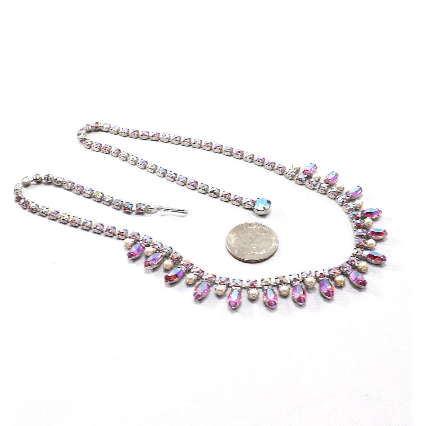Vintage B. DAVID Pink Red AB Rhinestone Choker Necklace, 1960s, Rhodium Plated