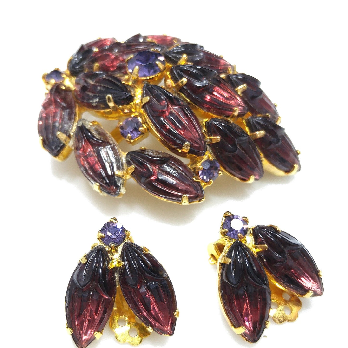 Purple Rhinestone Molded Art Glass Brooch & Earrings, Purple Rhinestones, Gold Plated, 1960s Vintage Jewelry