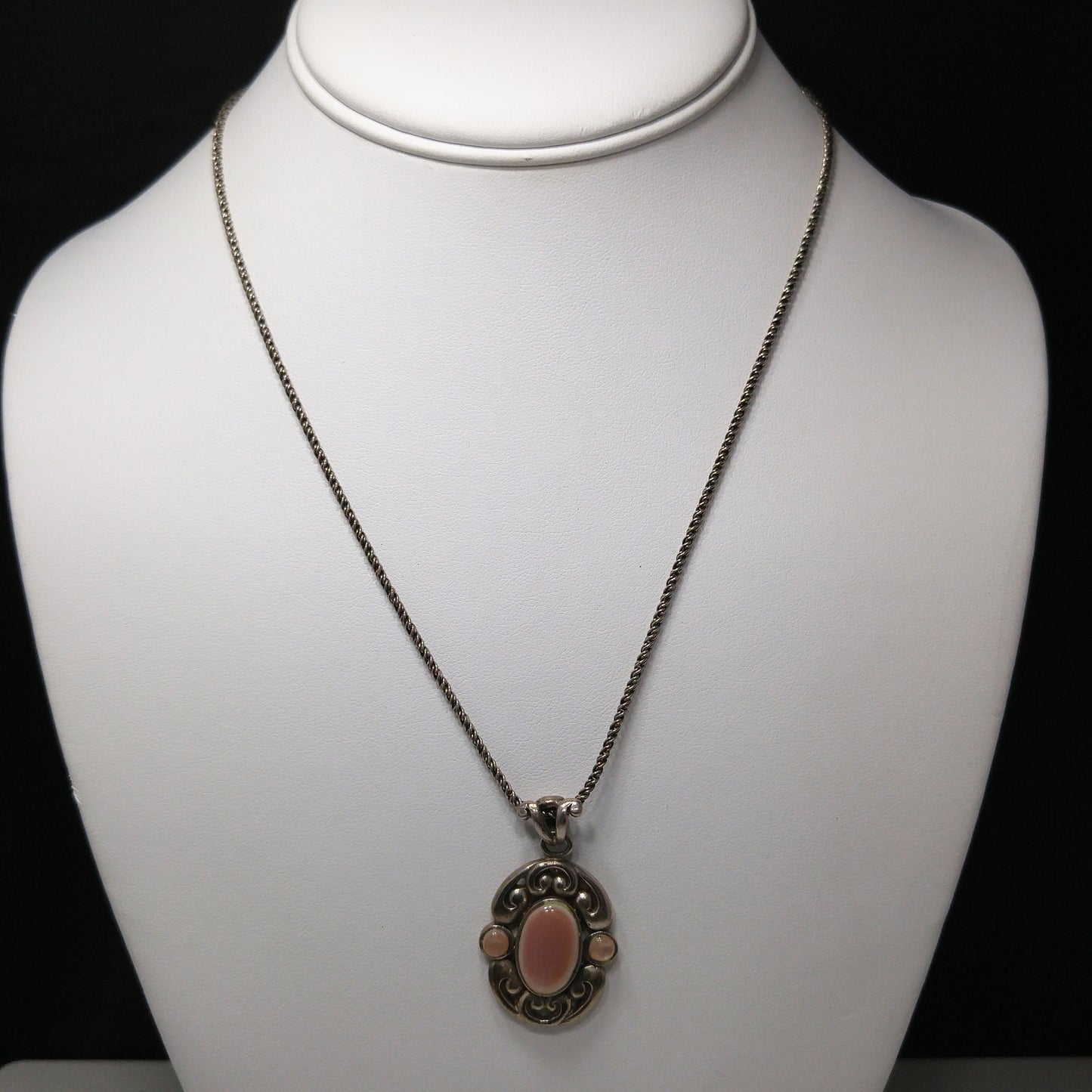 Barse Sterling Silver Pink Necklace, Large Pink Pearled Cabochon, 1990s Vintage Jewelry