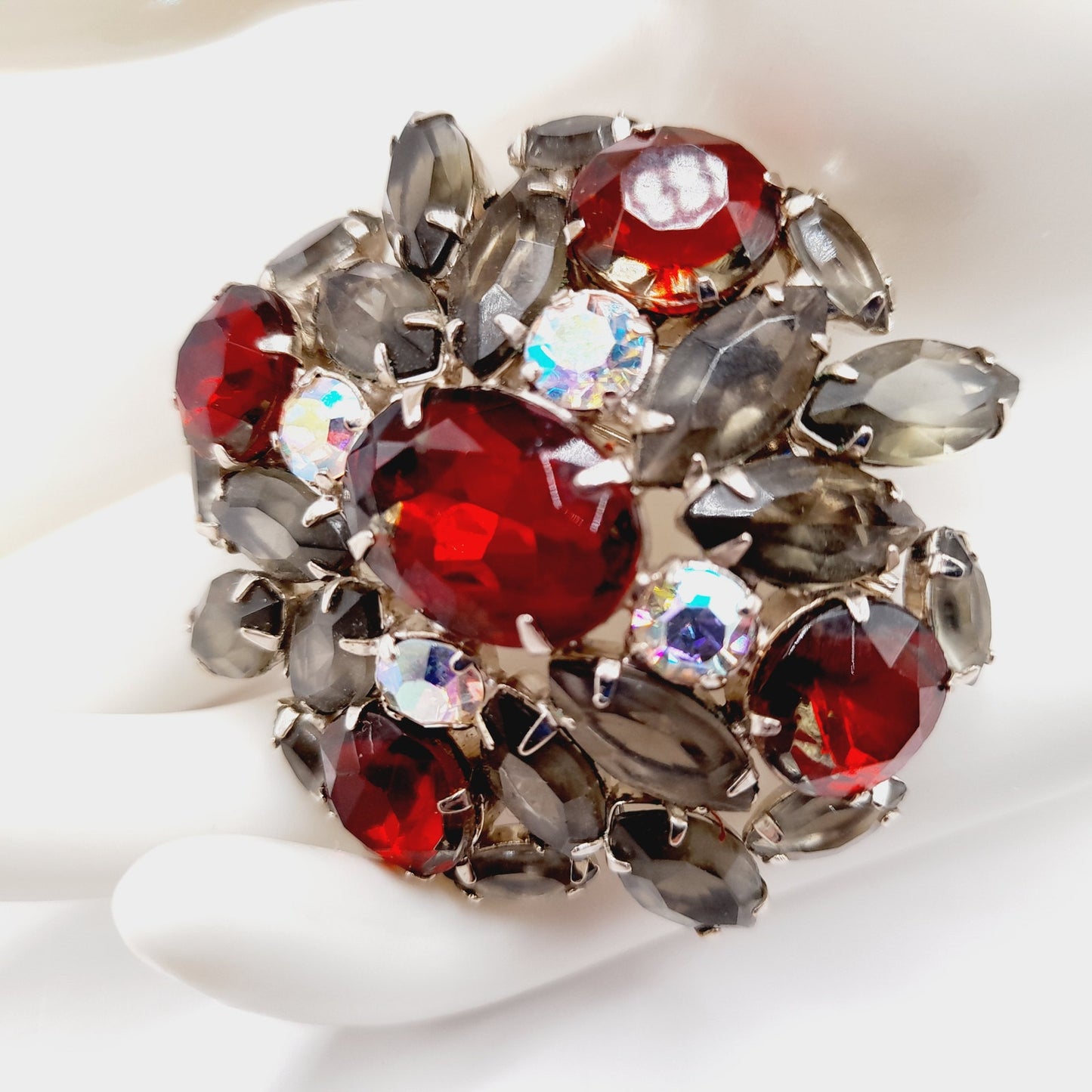 Vintage Rhinestone Brooch, Red Aurora Borealis Pin, Smoky Gray Navettes, 1960s Mid-Century Jewelry