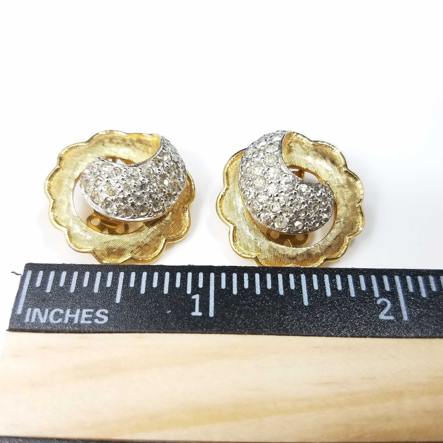 Vintage Jomaz Gold Plated Rhinestone Clip Earrings, Scalloped Edges, 1940s
