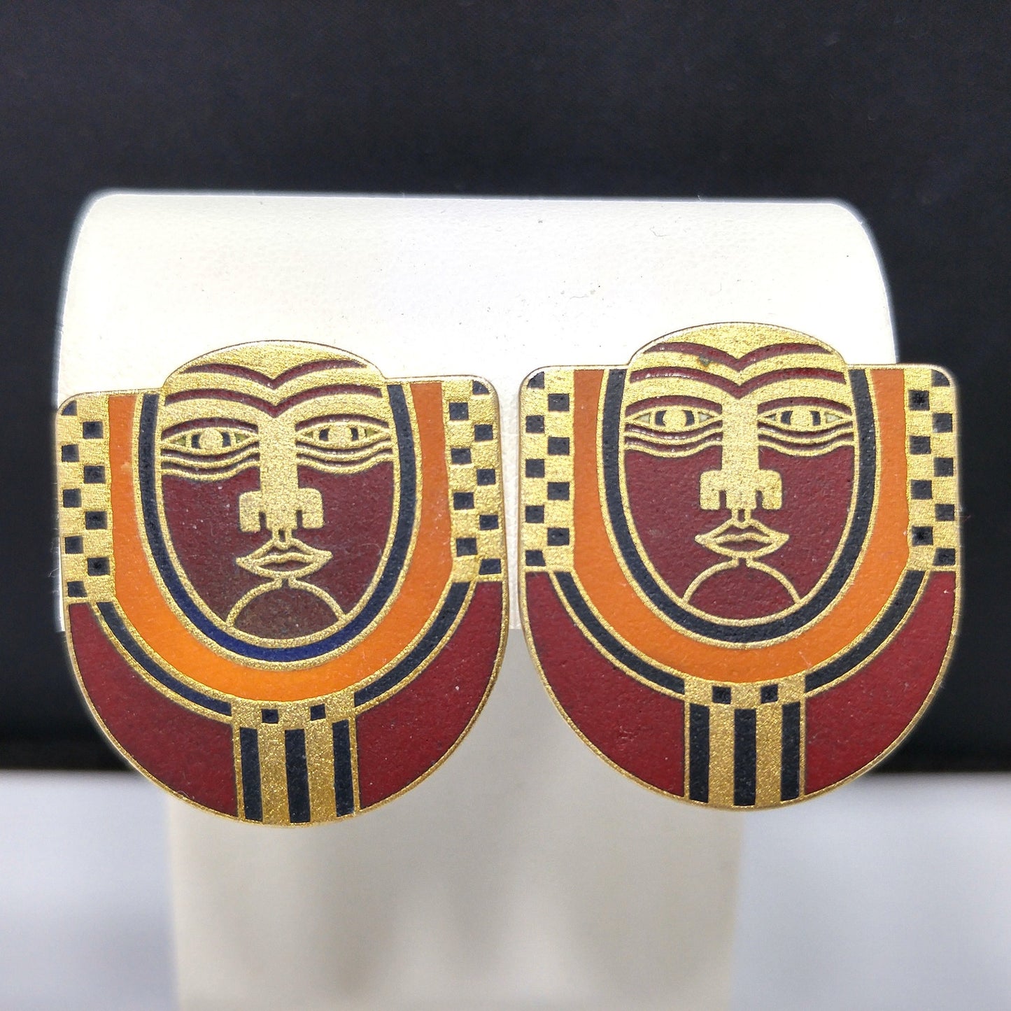 Laurel Burch "Maori" Tribal Mask Clip Earrings, Deep Red Enamel, 1980s Vintage Jewelry