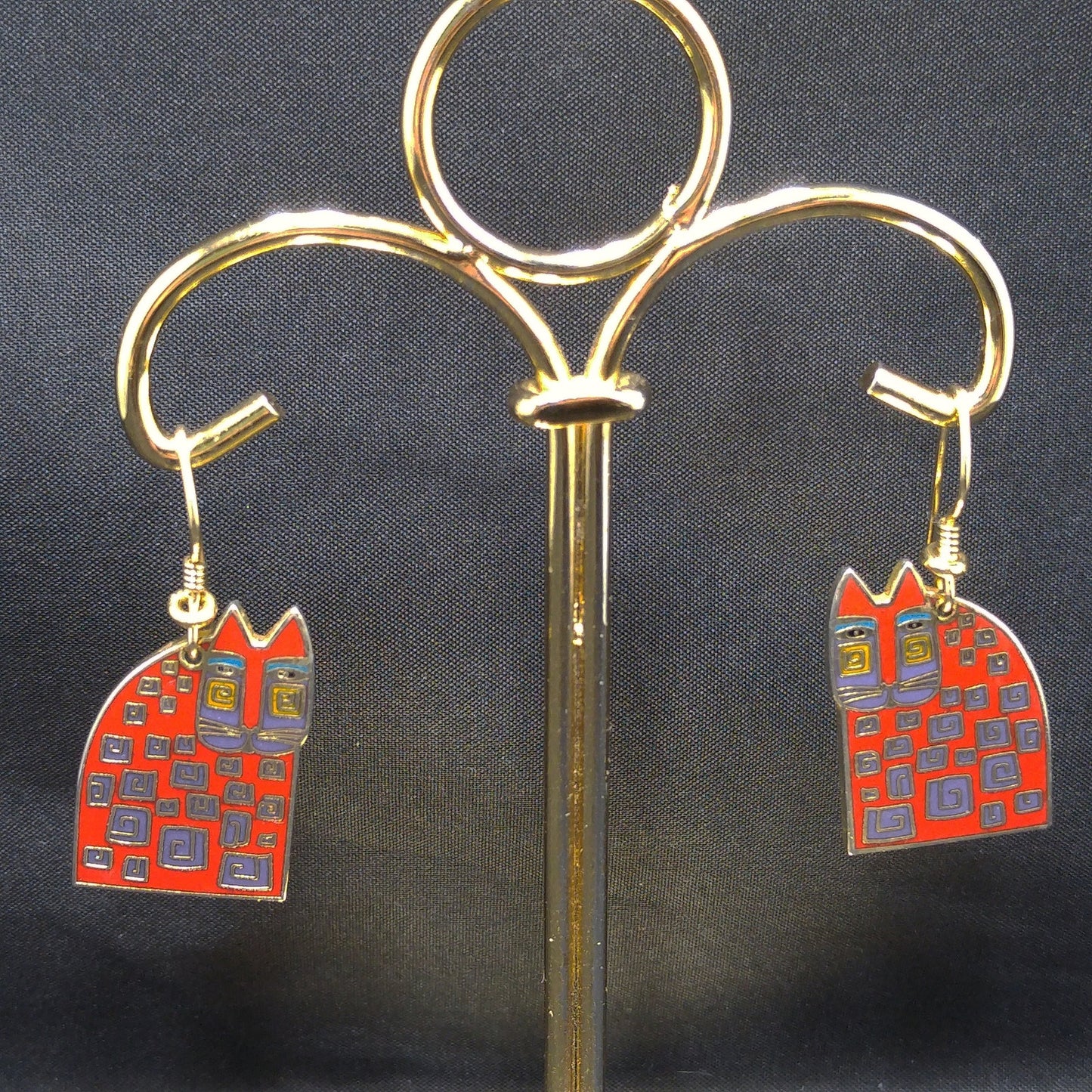 Laurel Burch "Red Cat" Earrings, Gold Plated, Red Enamel, 1980s Vintage Jewelry