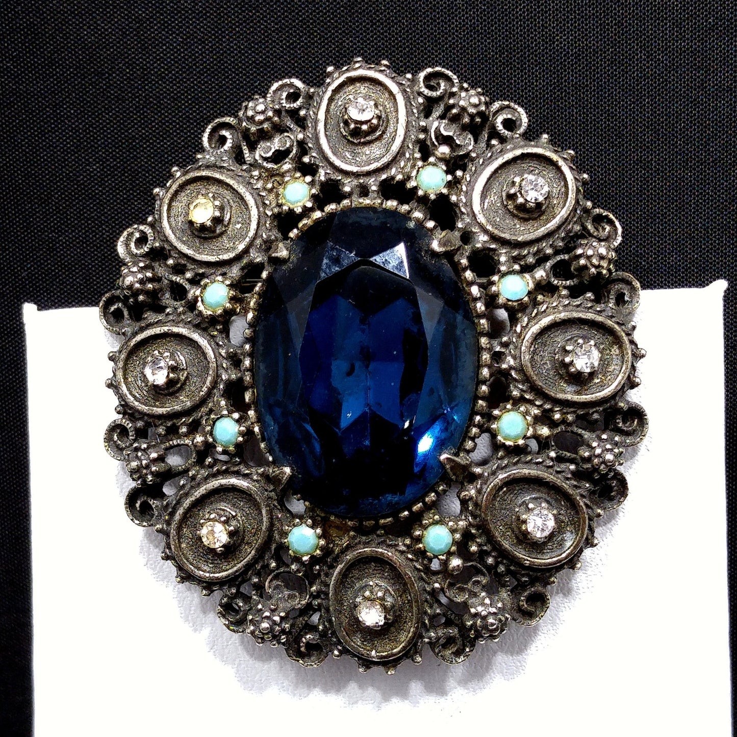 Florenza Blue Faceted Glass Brooch & Pendant, Antique Silver Tone, Gold Plated, 1950s Vintage Jewelry