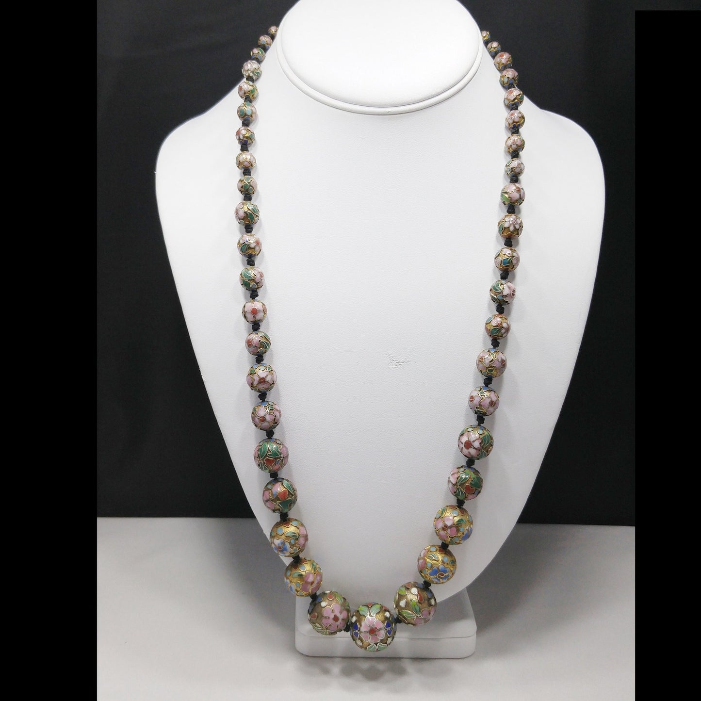 Vintage Cloisonne Beaded Necklace, Hand Knotted, Hand Painted Floral Beads, 1960