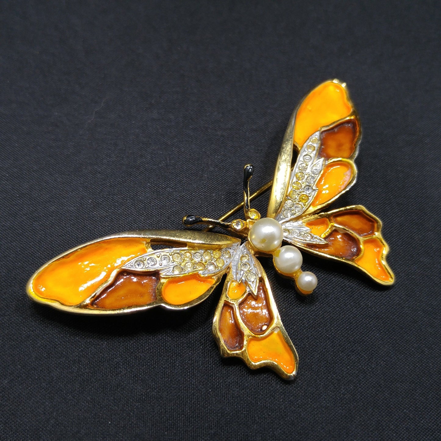 Kramer Orange Enamel Butterfly Brooch, Gold Plated, 1960s Vintage Jewelry