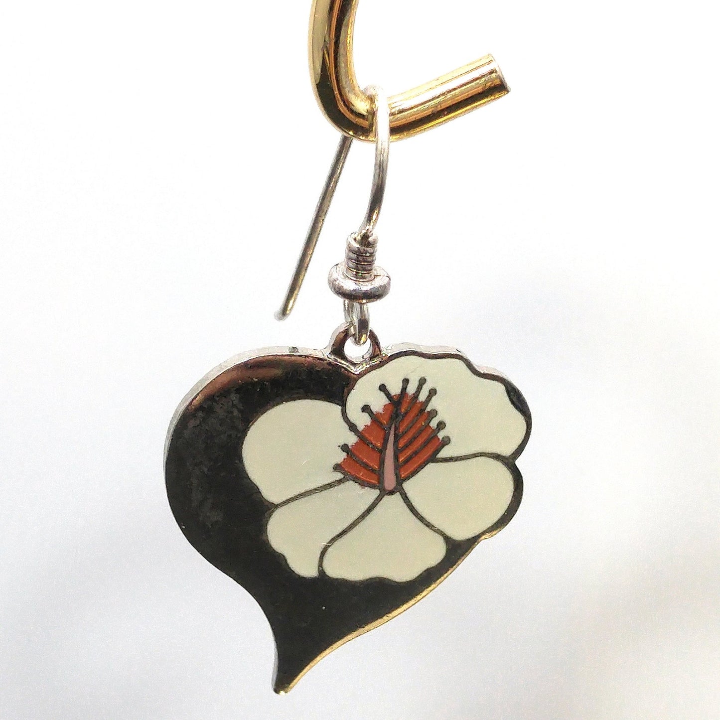 Vintage Laurel Burch "Hibiscus Heart" Earrings, Enamel Rhodium Plated