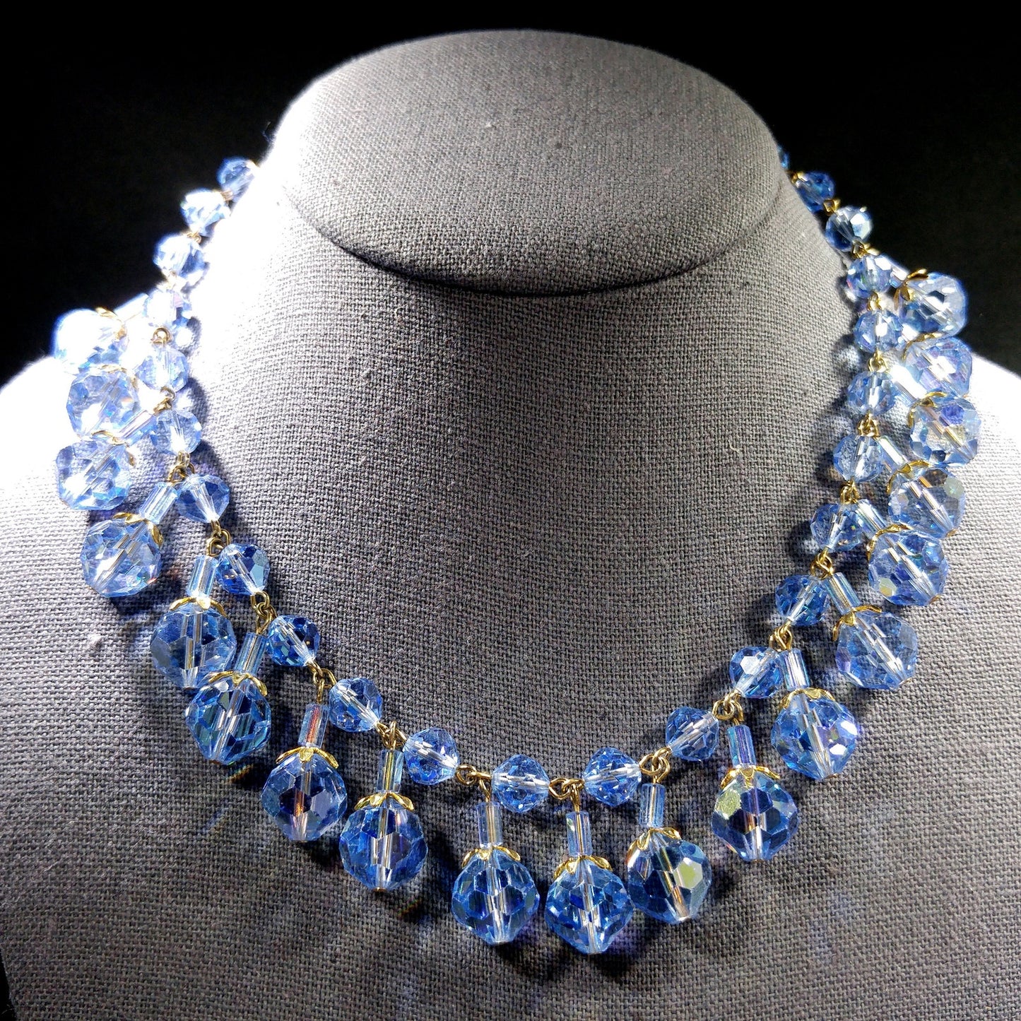Blue Crystal Dangling Necklace, Light Blue Faceted Beads, 1960s Vintage Jewelry