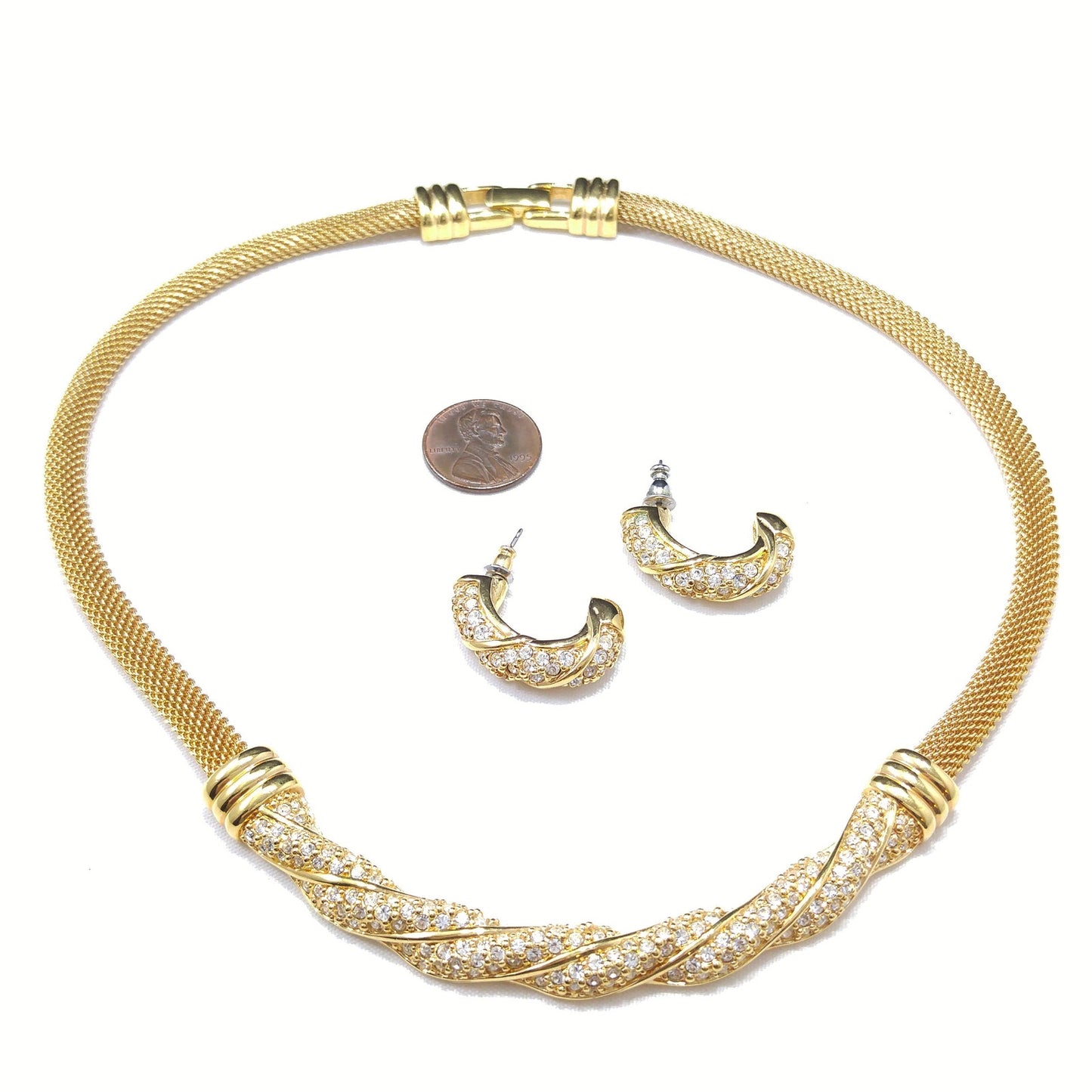 Vintage Swarovski Mesh Necklace & Earrings Set – Gold Plated with Rhinestones
