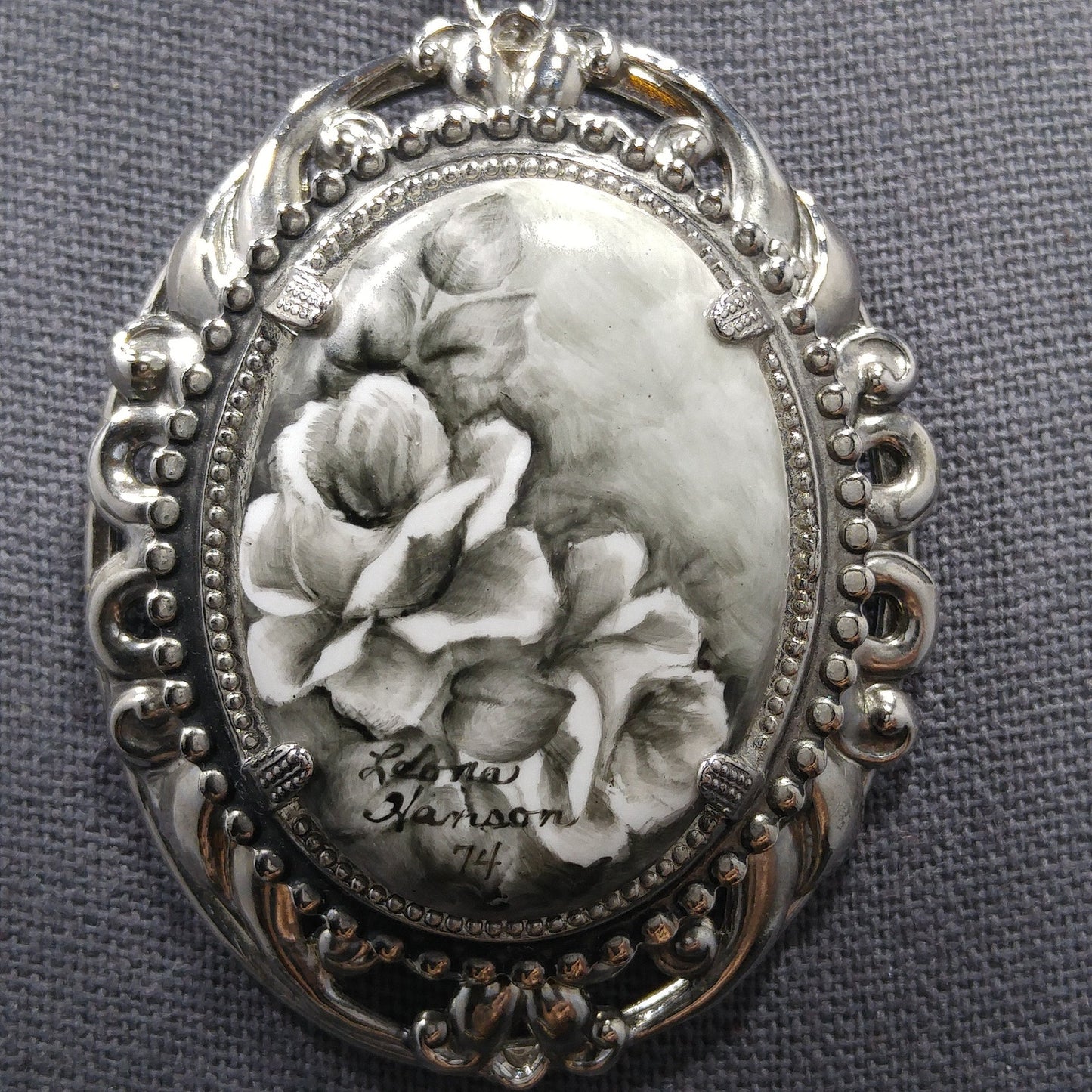 Hand Painted Monochrome Flower Pendant Necklace, Signed & Dated, 1970s Vintage Jewelry