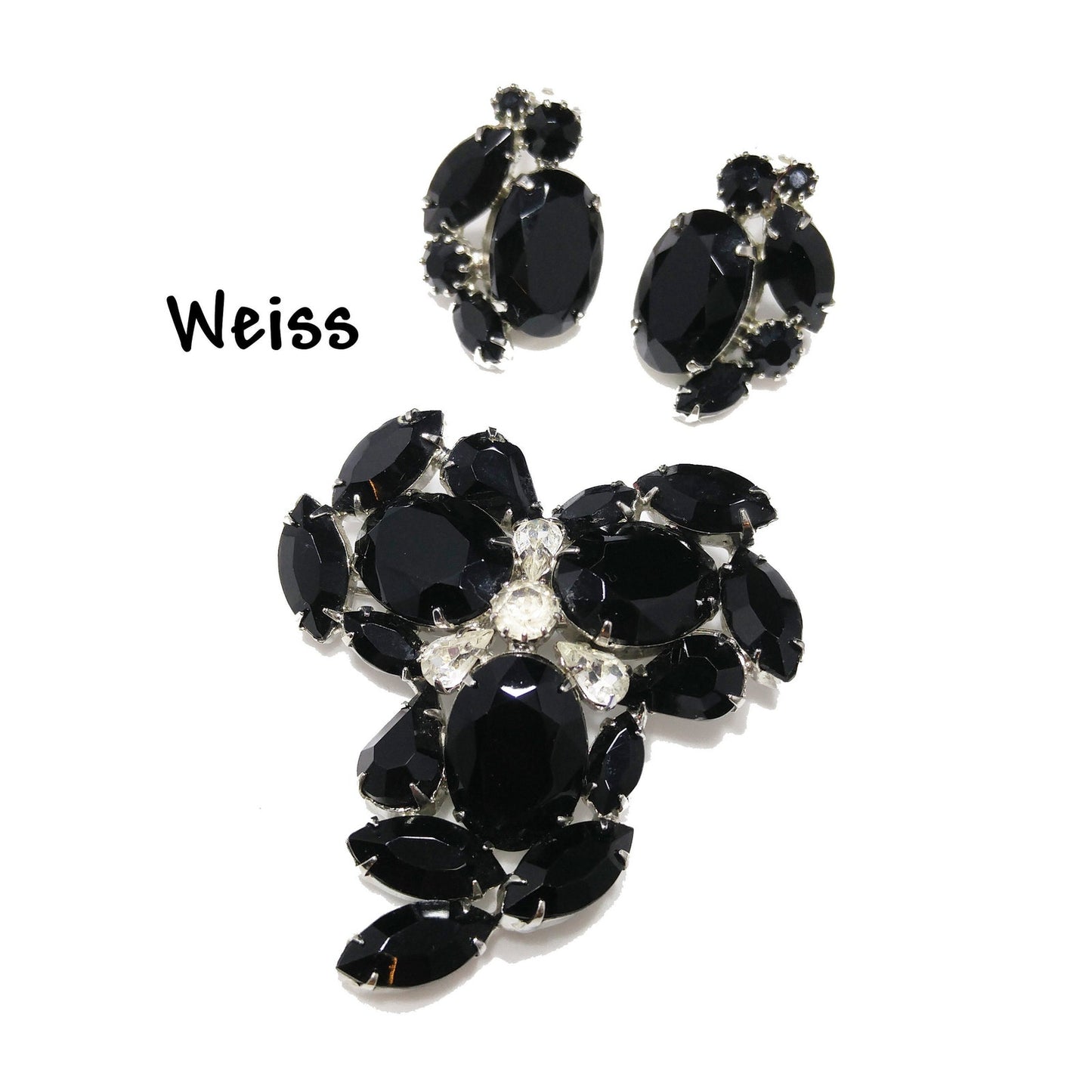 Vintage Weiss Black & Clear Rhinestone Brooch and Earrings Set, Rhodium Plated