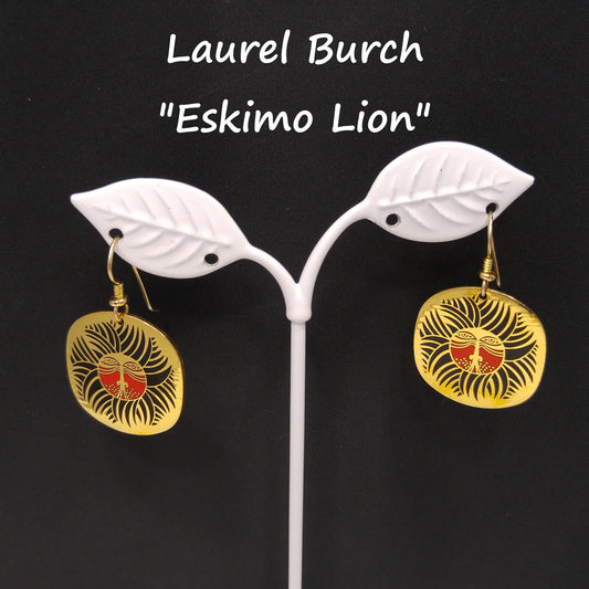 Vintage Laurel Burch "Eskimo Lion" Drop Earrings, Gold Plated