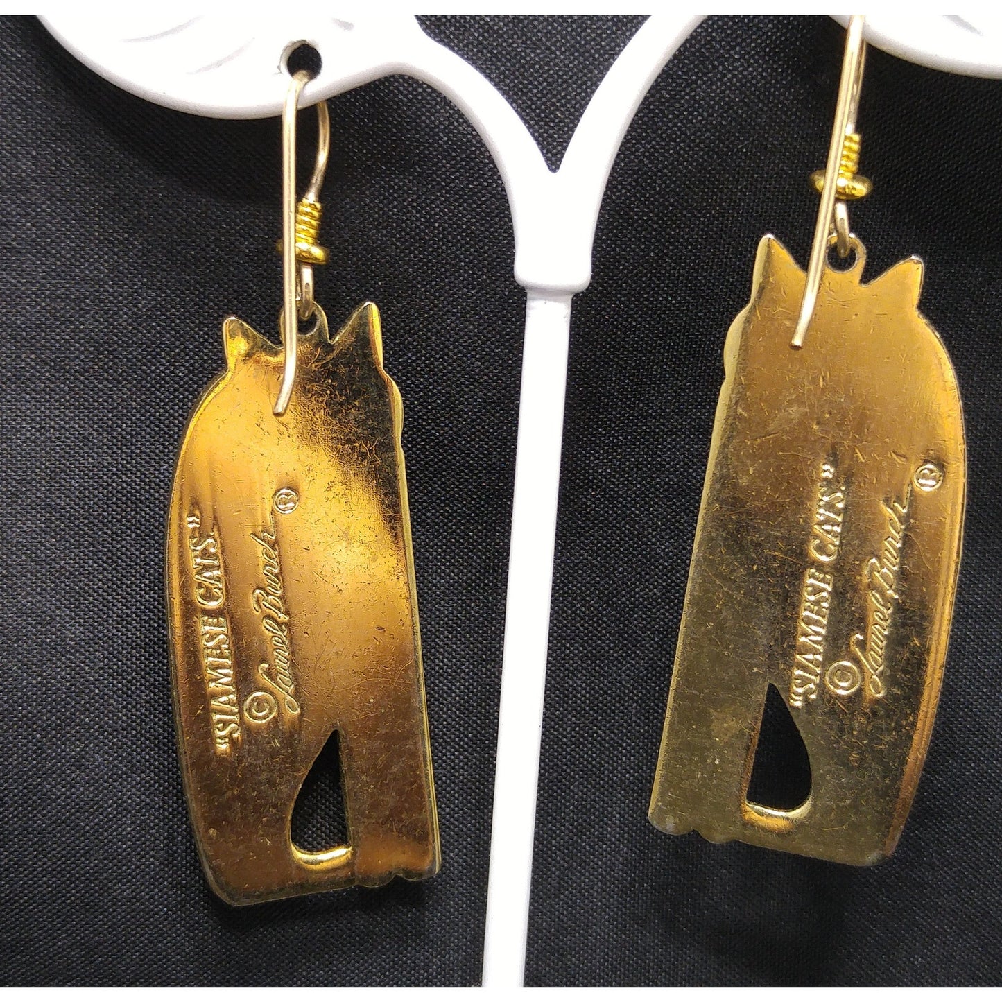 Laurel Burch "Siamese Cats" Long Earrings, Gold Plated, Purple Enamel, 1980s Vintage Jewelry