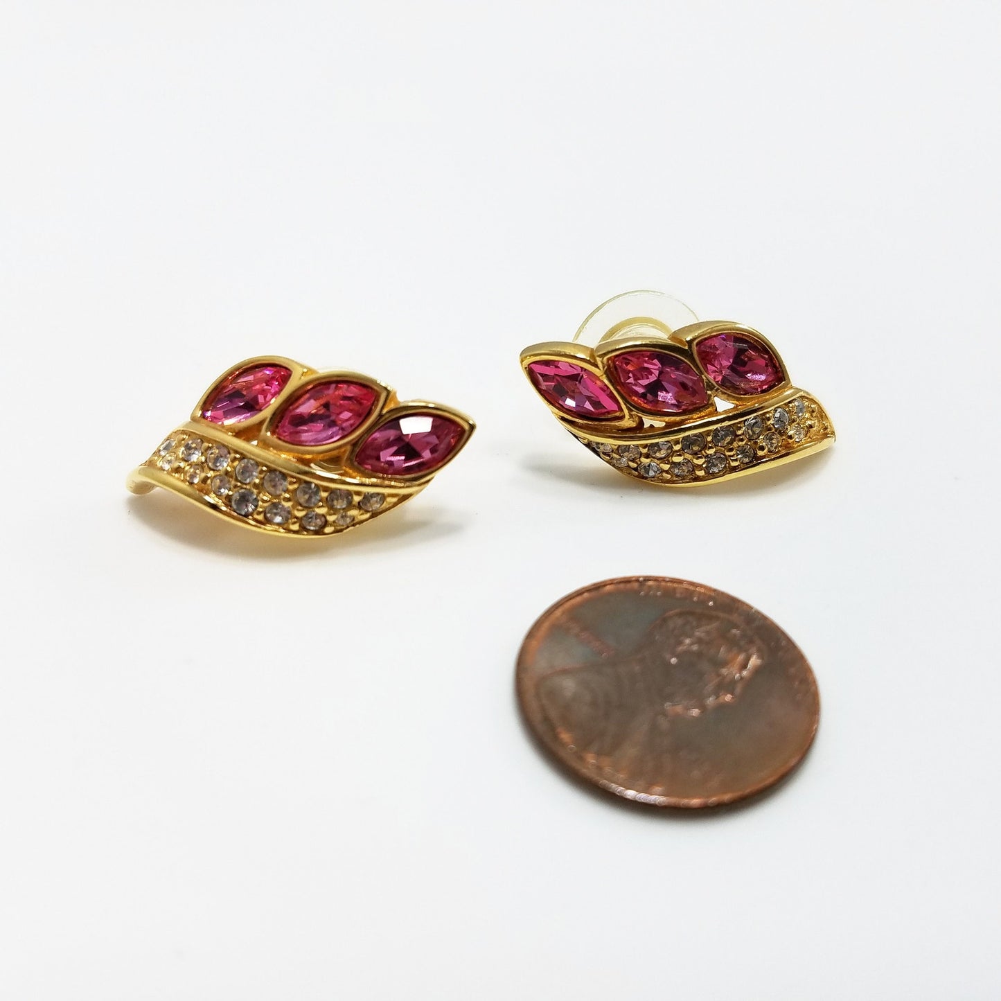 S. A. L. Swarovski Pink Rhinestone Earrings, Gold Plated Post Earrings, 1980s