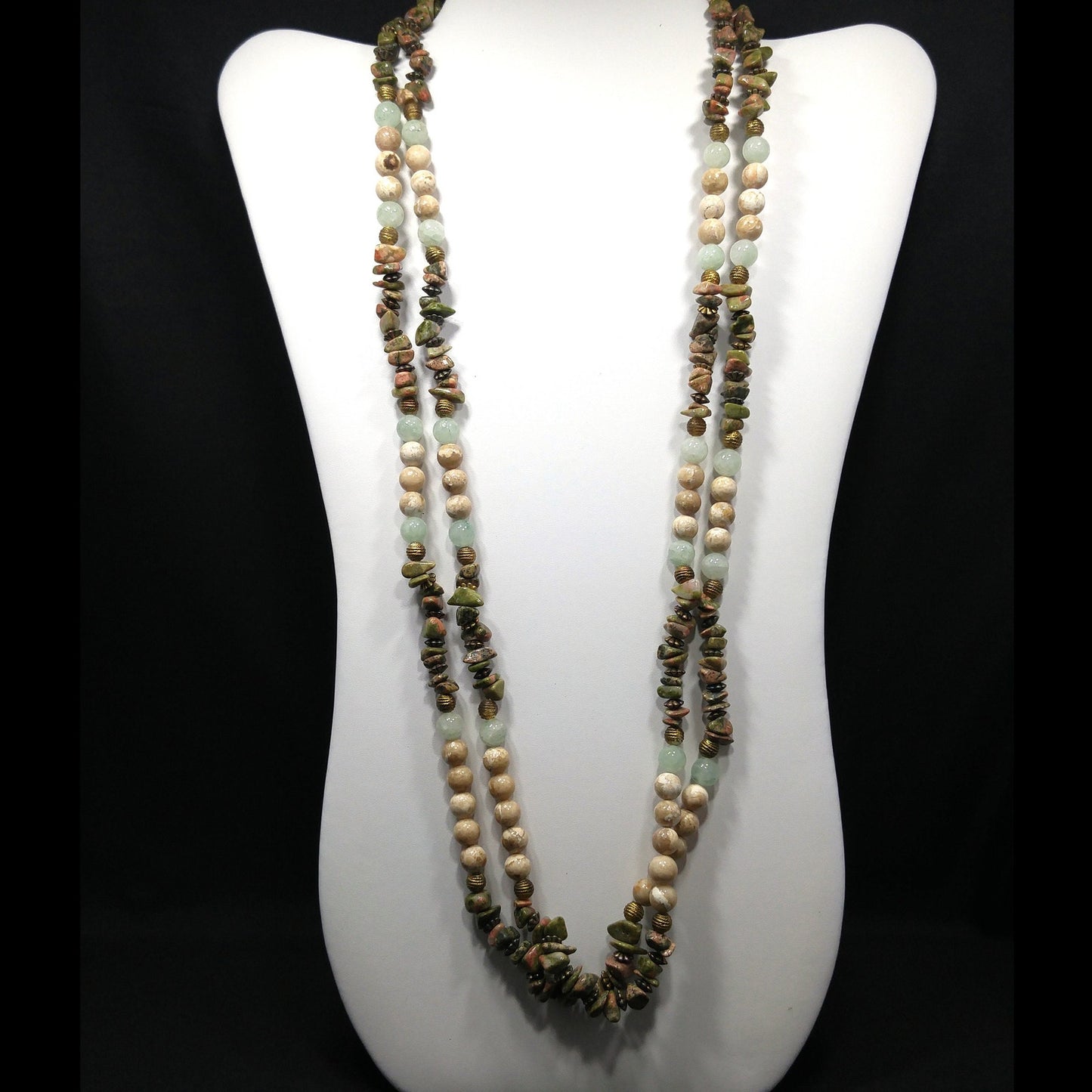Gemstone Two Strand Beaded Necklace, Jade, Rhyolite and Quartz, 1980s Vintage Jewelry
