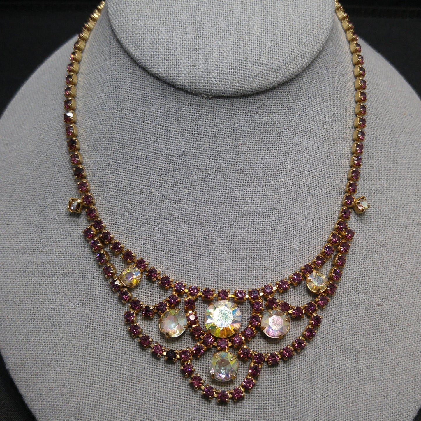 Vintage Purple AB Clear Rhinestone Choker Necklace, Gold Plated, Aurora Borealis, 1960s Vintage Jewelry