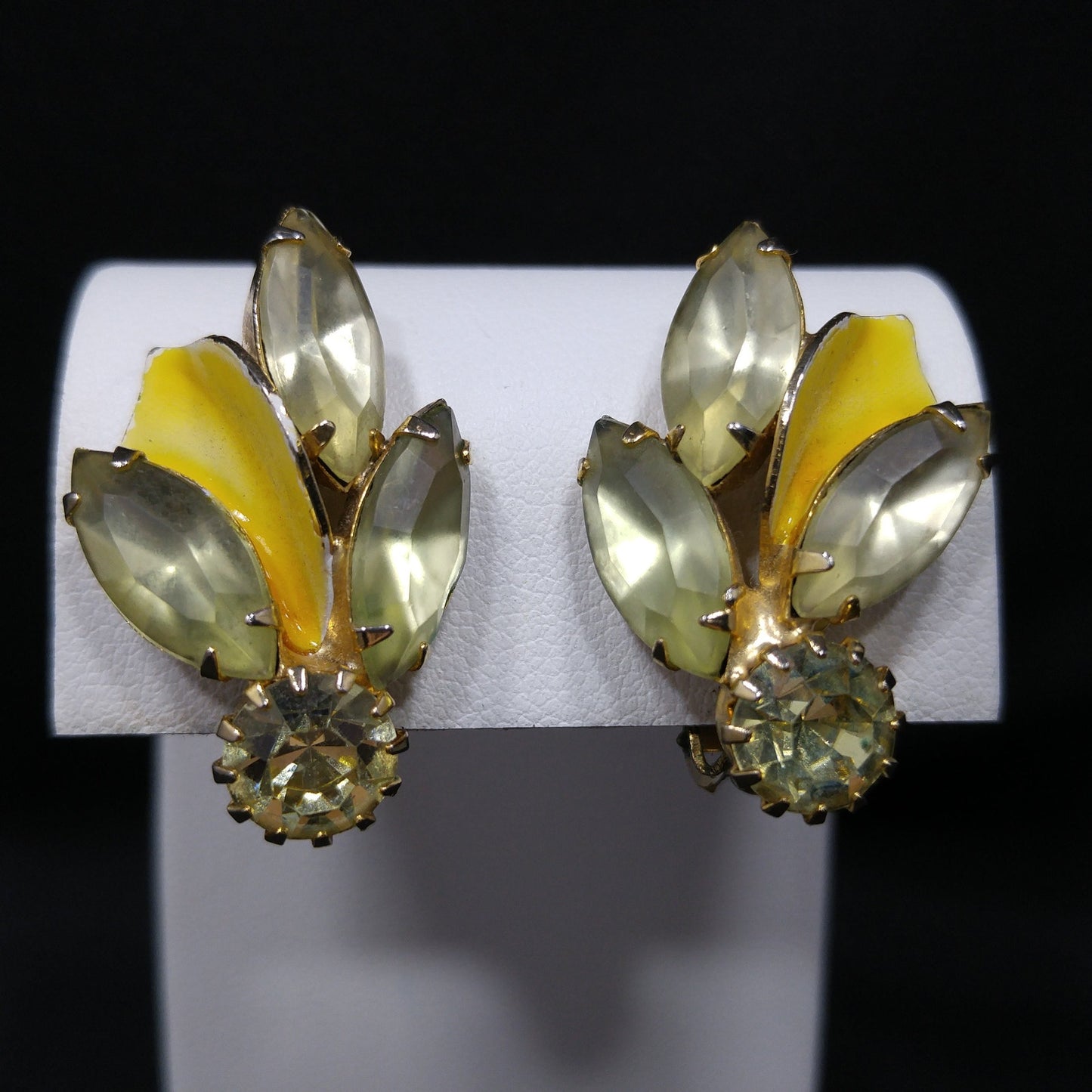Weiss Yellow Enamel Jonquil Rhinestone Clip Earrings, Gold Plated, 1950s Vintage
