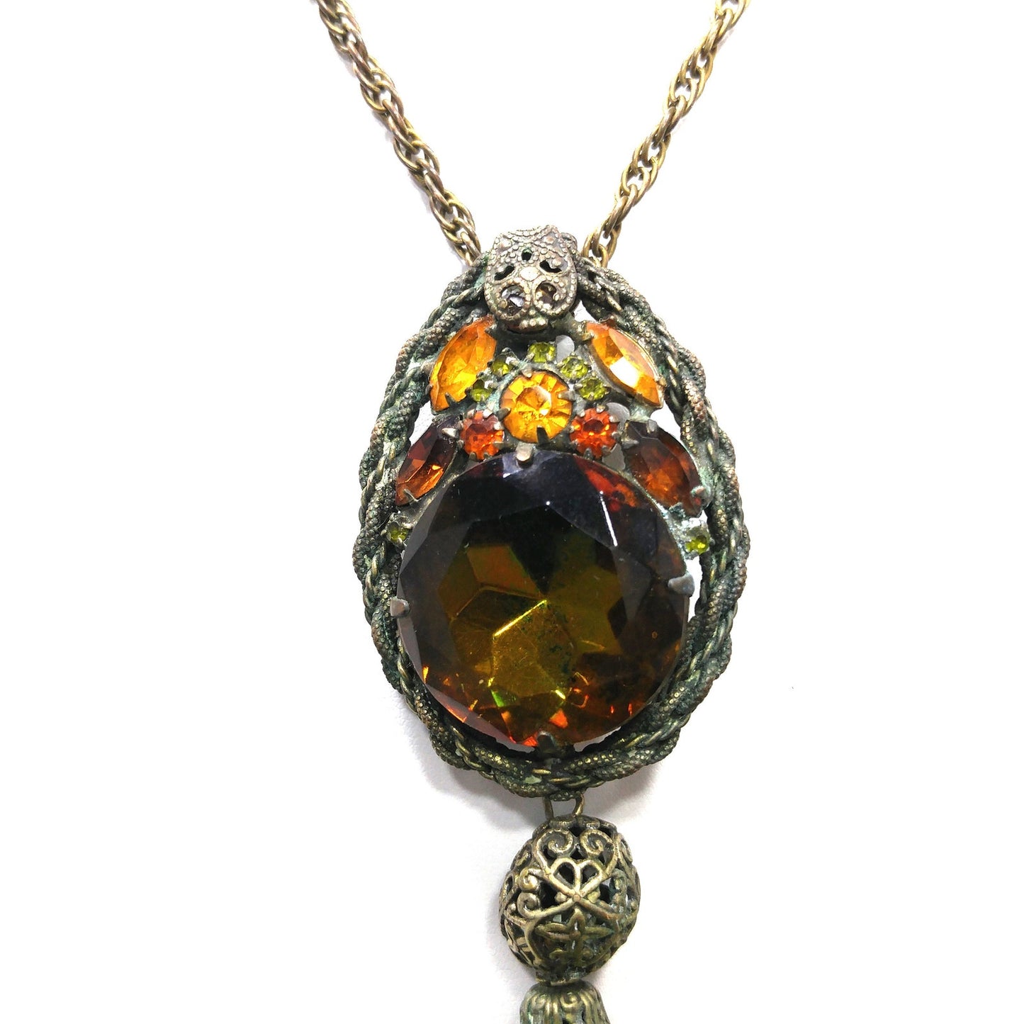 Victorian Purple Topaz Glass Pendant Necklace, Golden Brass, 1920s Vintage Jewelry