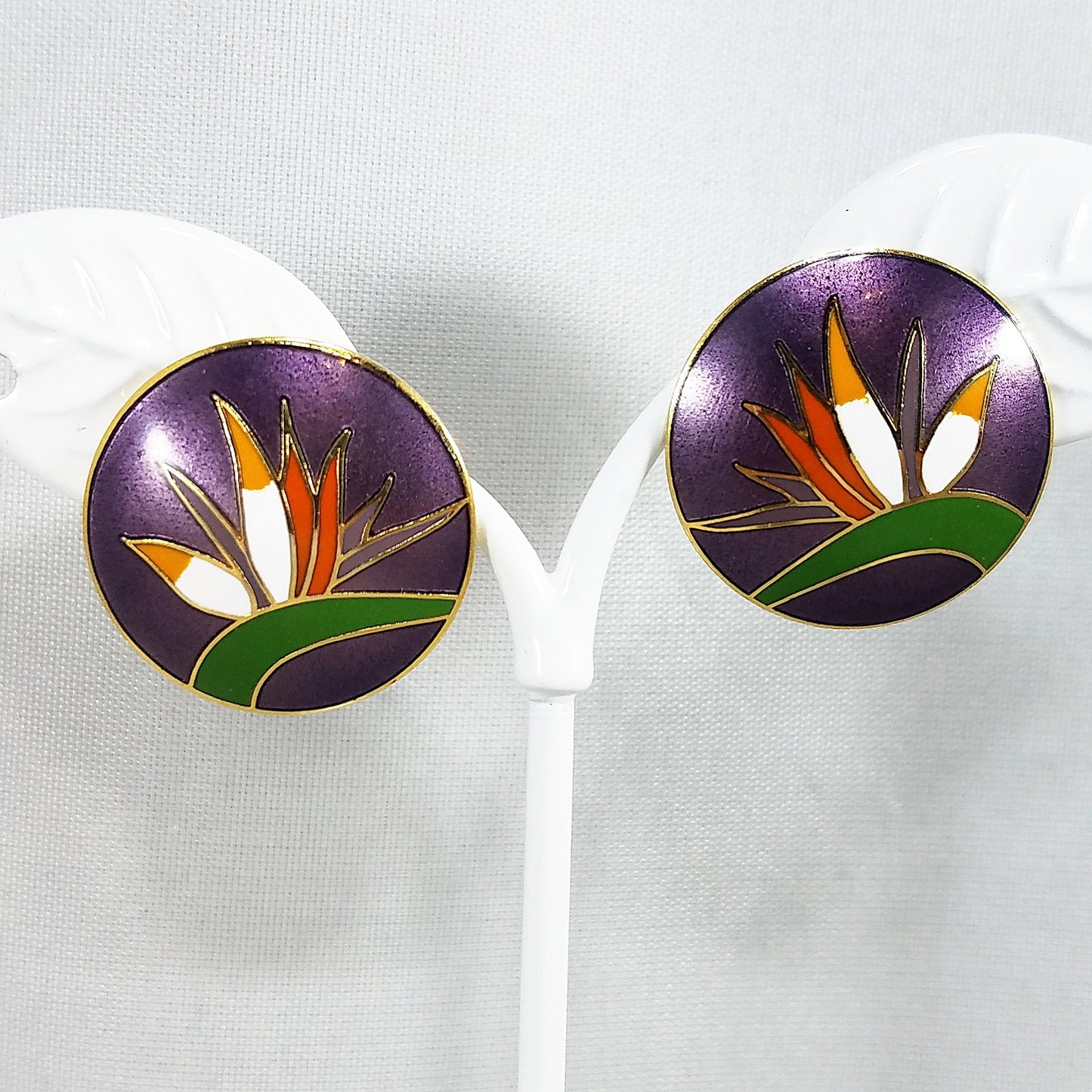 Vintage Laurel Burch Bird of Paradise Post Earrings Gold Cloisonne Enamel