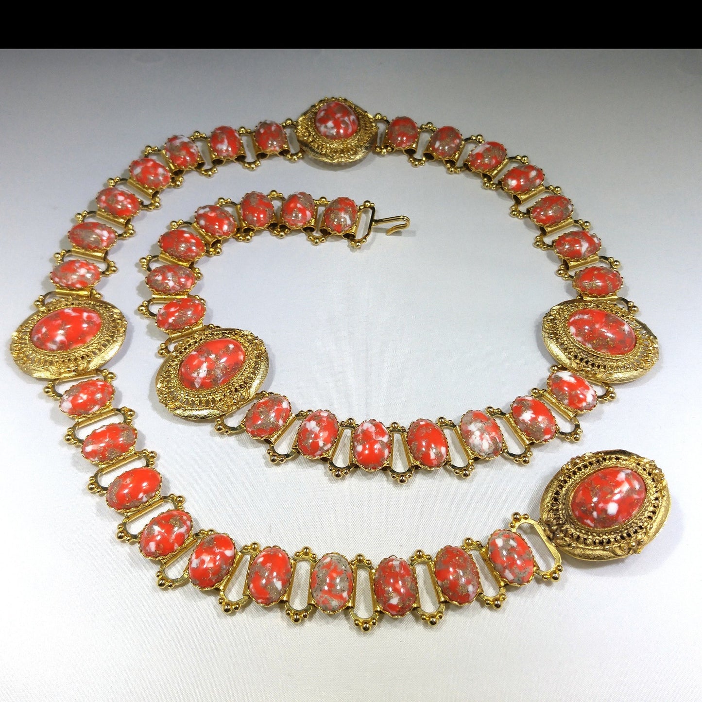 Book Chain Orange Gold Cabochon Lucite Belt or Long Necklace, Gold Robin's Egg Cabs, 36", 1960s Vintage Jewelry