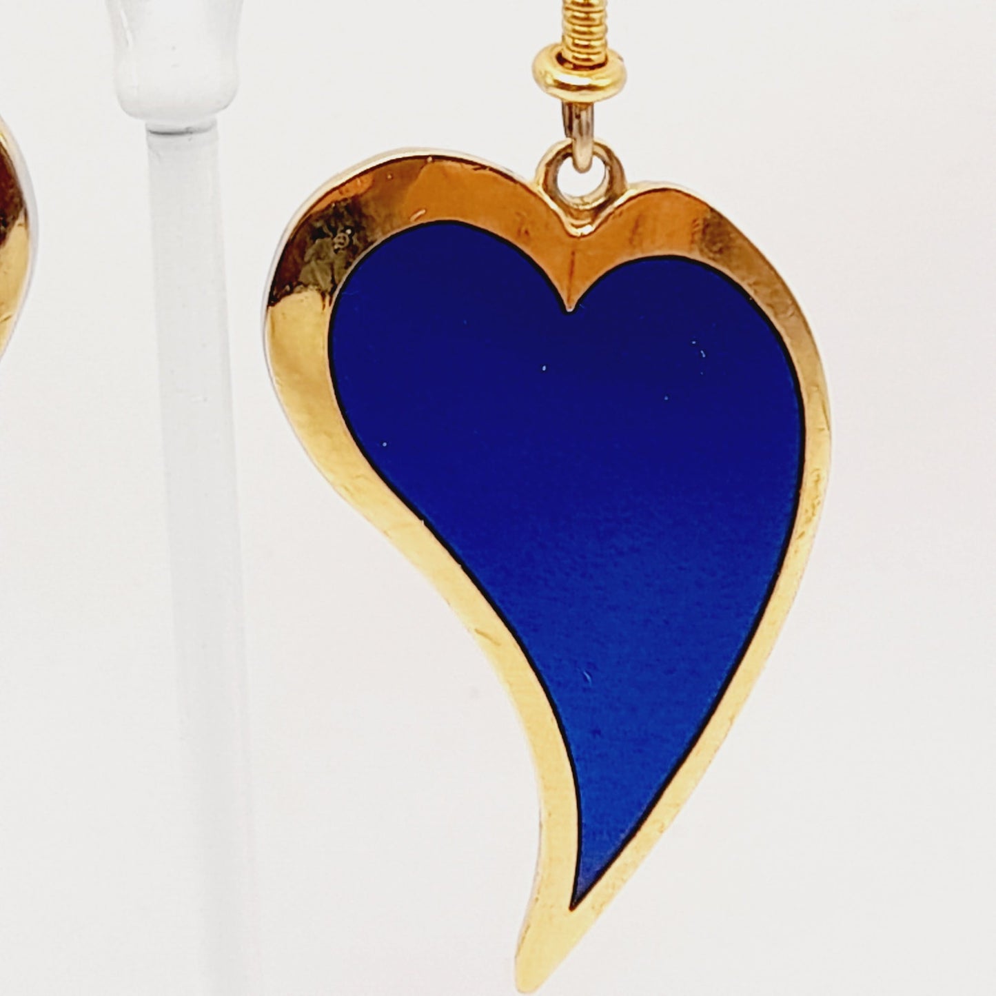 Vintage Laurel Burch Heart Dangle Earrings, Blue Enamel, Gold Plated, 2 Inches