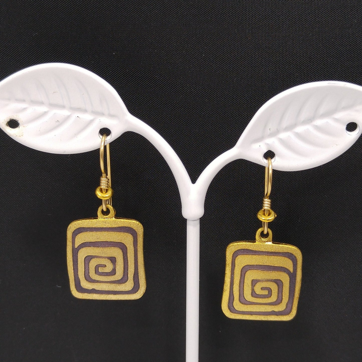 Vintage Laurel Burch "Rhythm" Earrings, Gold Plated, Brown Enamel
