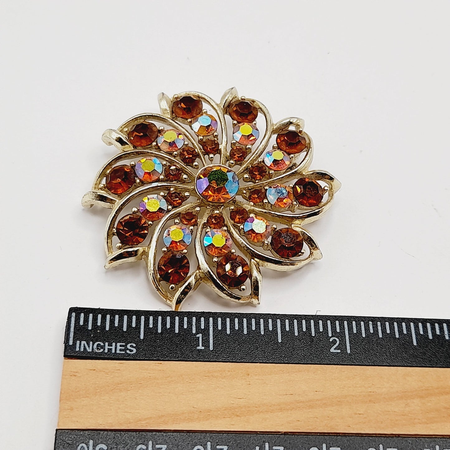Vintage Topaz AB Rhinestone Flower Brooch Gold Plated 2 Inch Unsigned