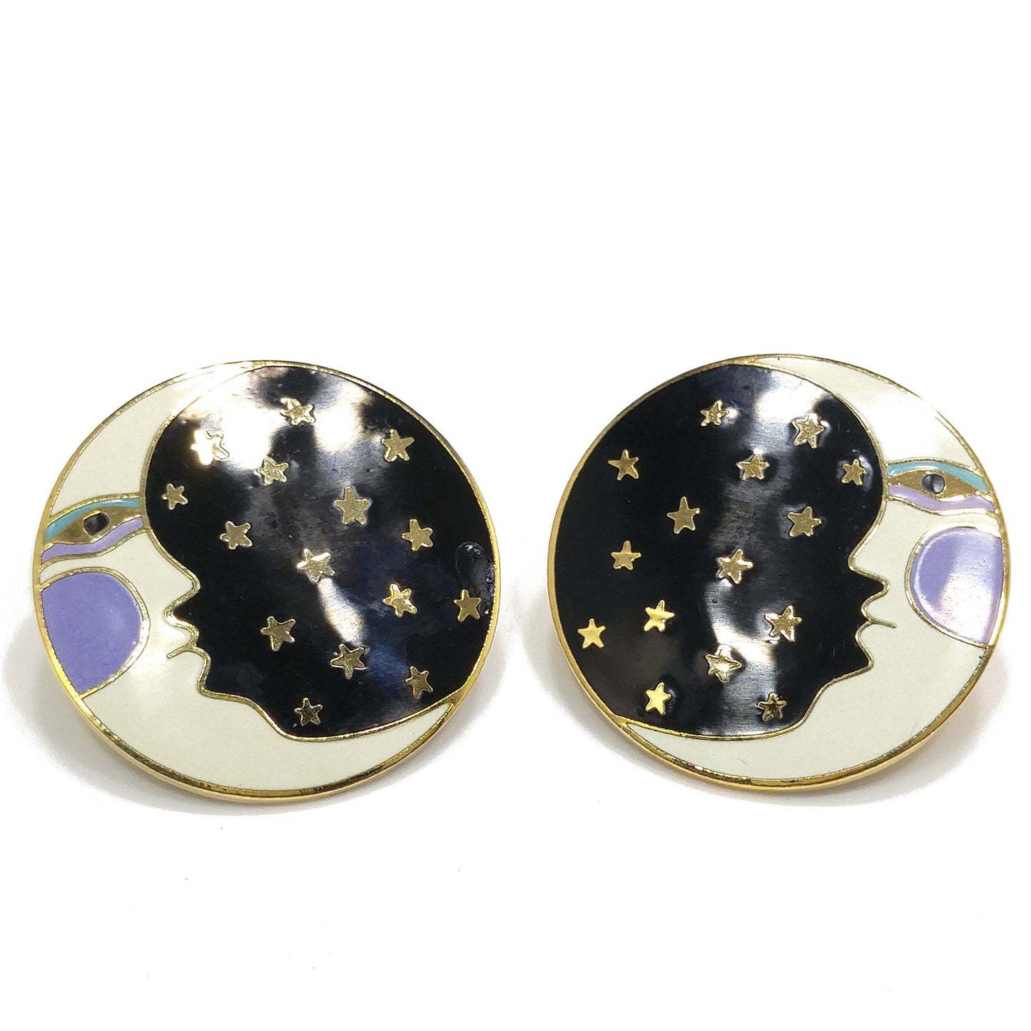 Laurel Burch "Moonface" Large Post Earrings, Cloisonné Gold Plate, Enamel Black White Purple, 1980s Vintage Jewelry