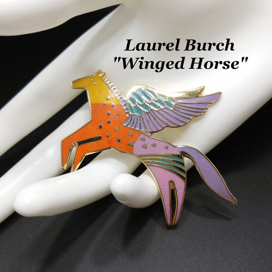 Laurel Burch "Winged Horse" Brooch, Gold Plated Cloisonné, Colorful Enamel, 1980s Vintage Jewelry