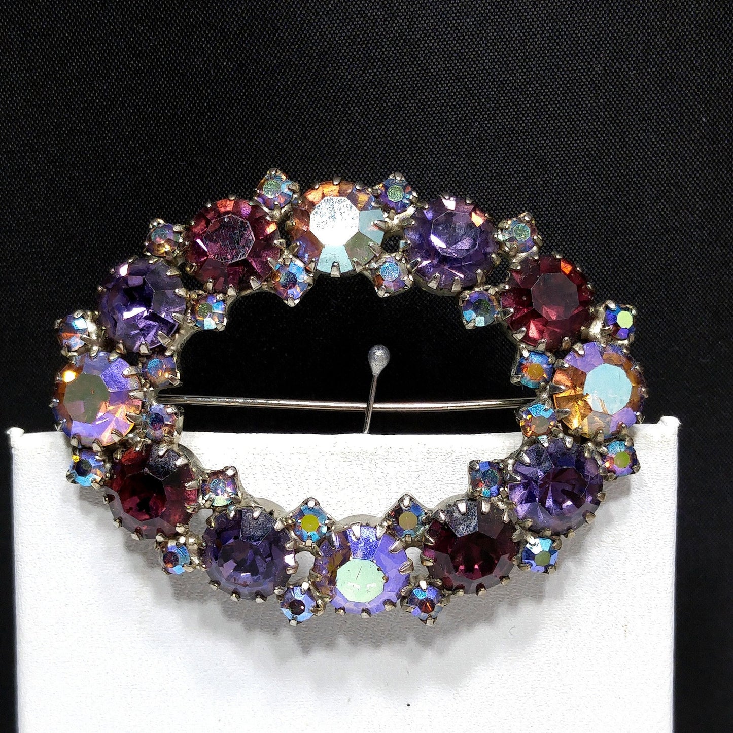 Oval Purple Aurora Borealis Lavender Rhinestone Brooch, Dog-toothed Prong Set, 1960s Vintage Jewelry