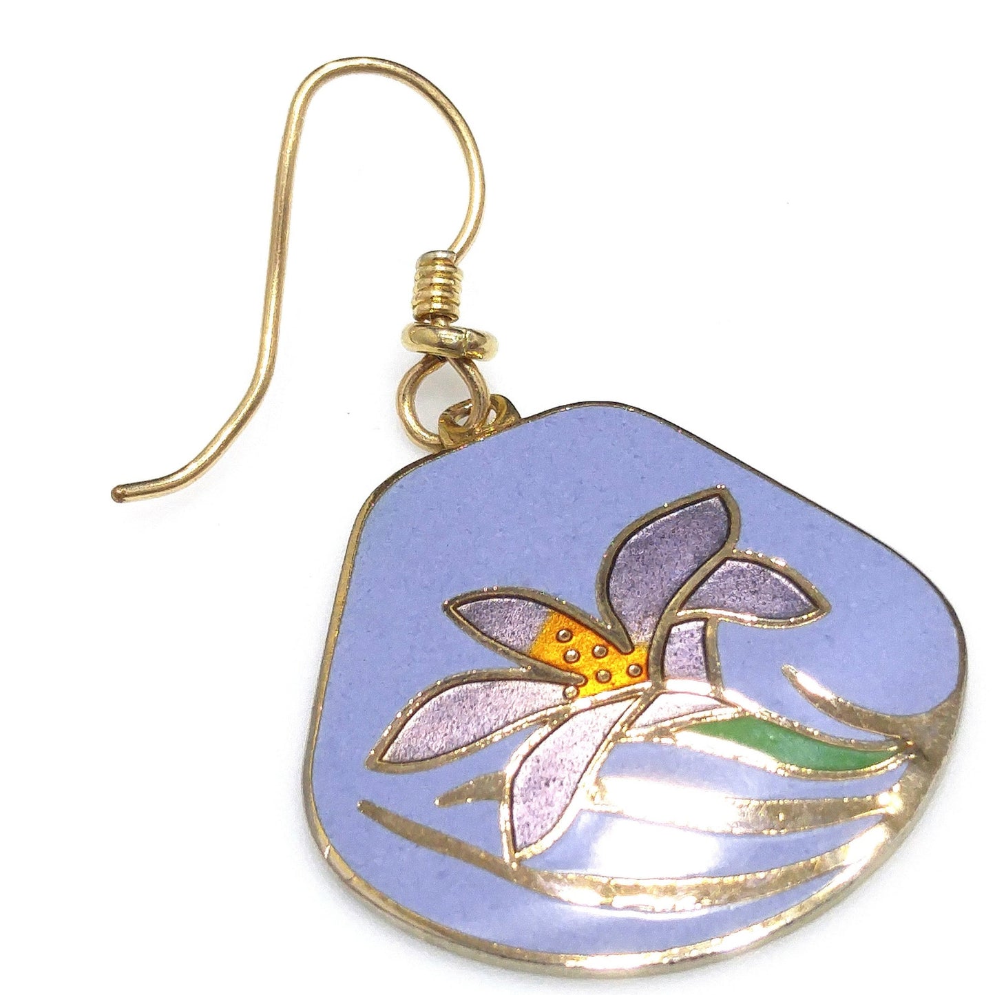 Vintage Laurel Burch Purple Lily Earrings, Cloisonne Enamel, Gold Plated