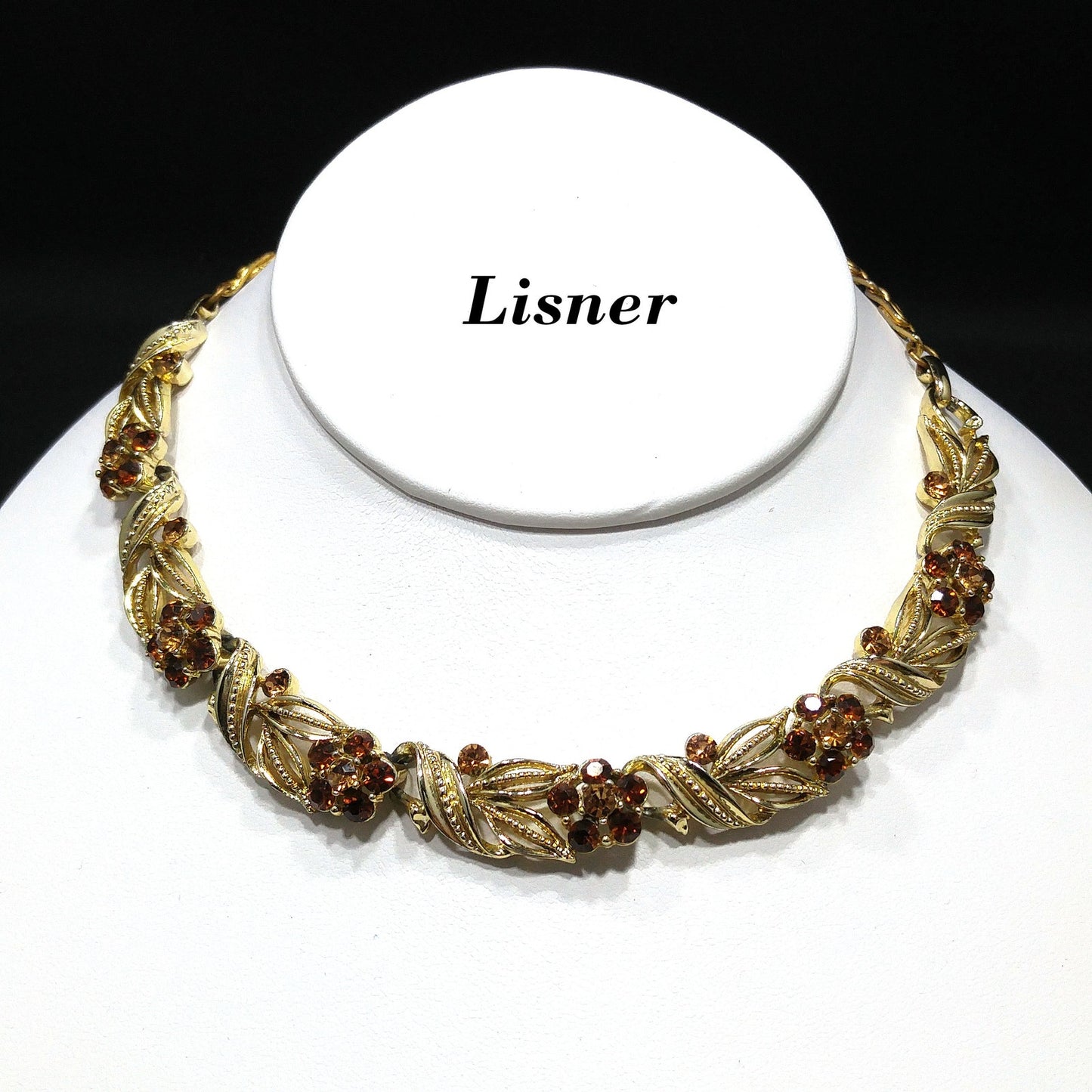 Lisner Topaz Rhinestone Floral Choker Necklace, Gold Plated, 1950s Vintage Jewelry