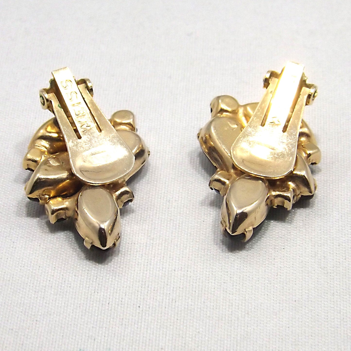Vintage WEISS Green Clip Earrings, Gold Plated Green AB Rhinestones, 1960s