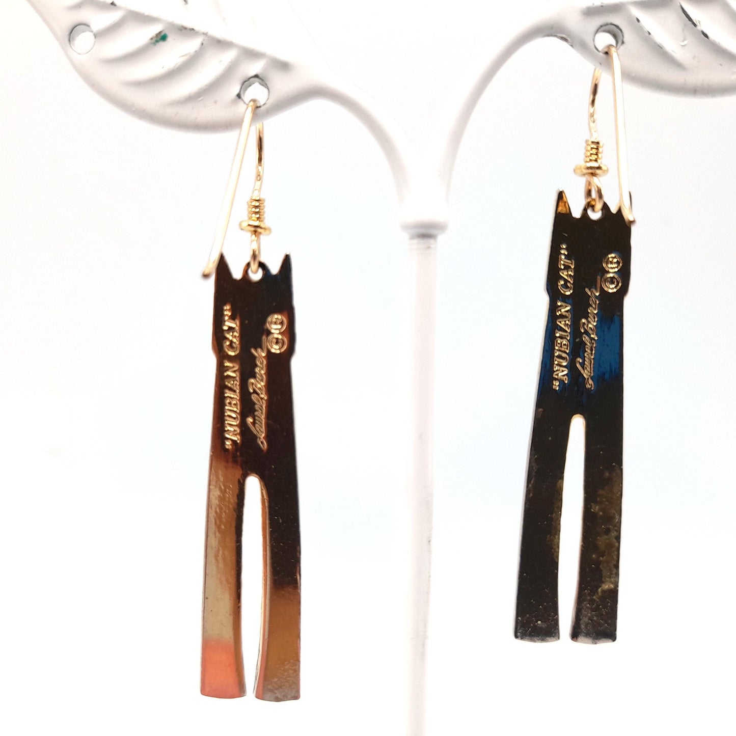Laurel Burch Red Nubian Cat Earrings, Gold Plated, Tall Red Enamel Cats, 1980s Vintage Jewelry