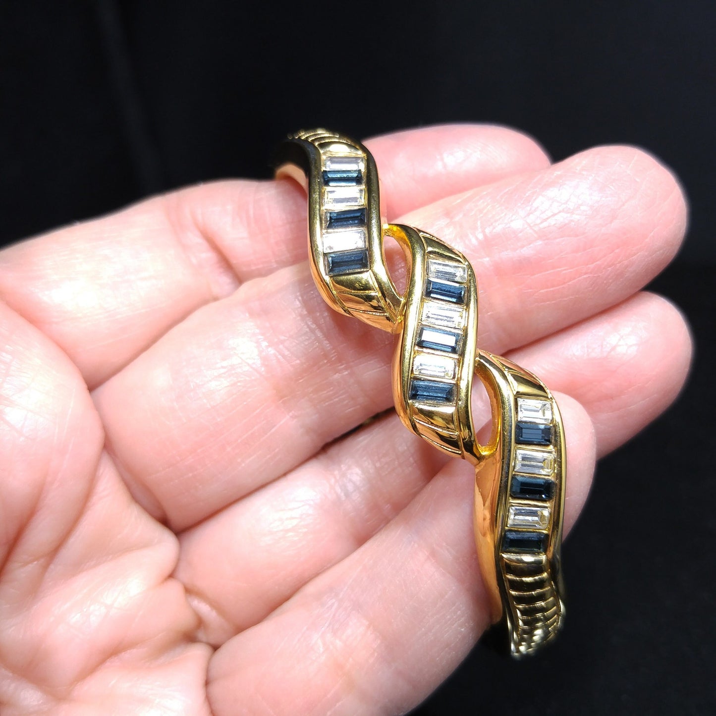 Swarovski Blue Rhinestone Hinged Bracelet, Gold Plated, 1970s Vintage Jewelry