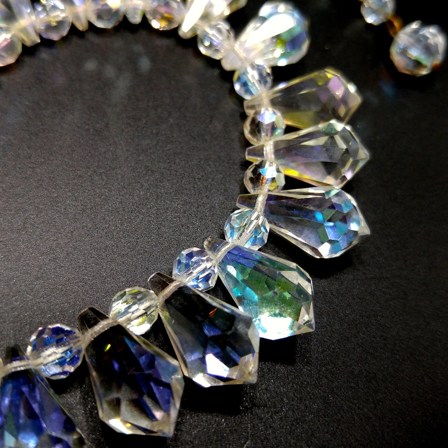 Mid-Century Crystal Teardrop Dangling Necklace, 18mm AB Crystals, 1950s Vintage Jewelry