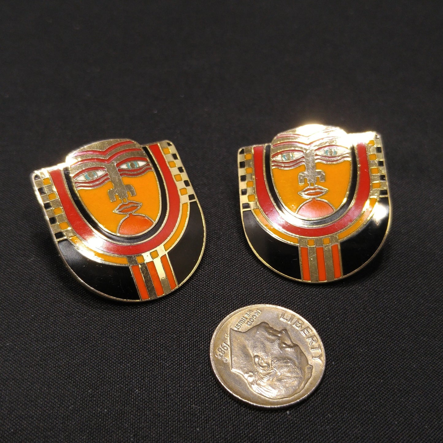 Laurel Burch "Maori" Tribal Face Mask Post Earrings, Cloisonne Enamel, 1980s